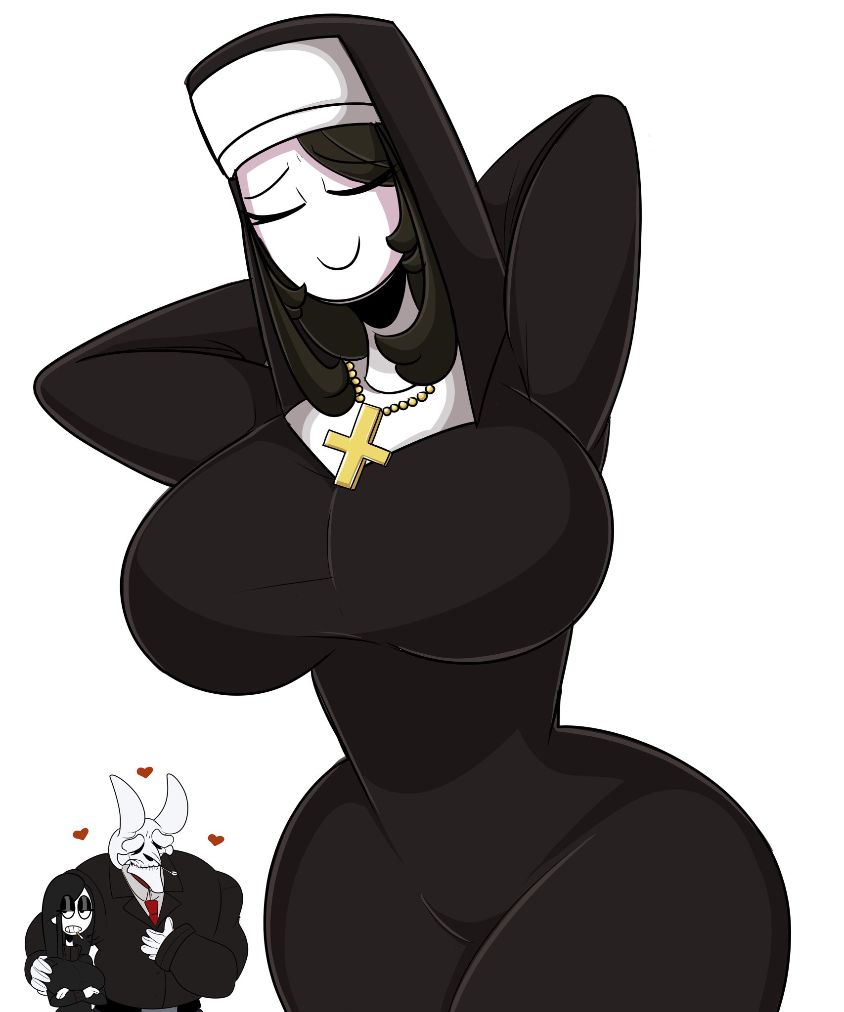 2021, big breasts, black hair, breasts, busty, cross, female, milf, nun, nun outfit, nun's habit, saltynoodles, showing off, veronica (saltynoodles), veronica's father (saltynoodles), veronica's mother (saltynoodles), white skin