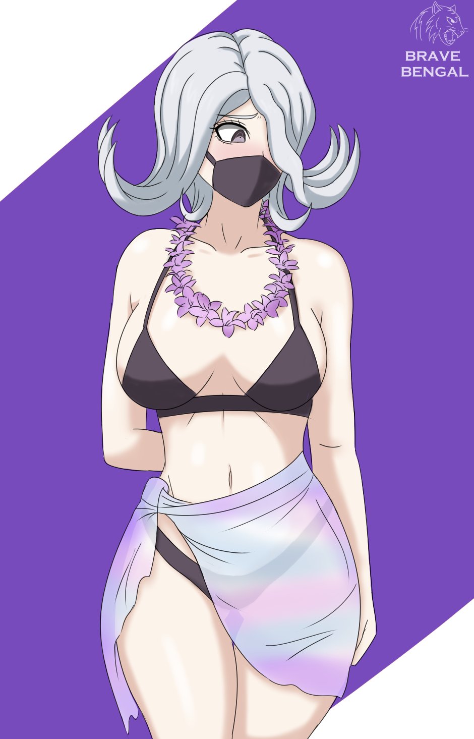 1girls, artist name, big breasts, bikini, black bikini, black bra, black underwear, bravebengal, breasts, danganronpa, danganronpa 3, danganronpa s: ultimate summer camp, female, flower, flower necklace, grey hair, kimura seiko, light skin, light-skinned female, medium hair, pale skin, pale-skinned female, purple background, purple eyes, short hair, sole female, straight hair, thick thighs, white hair