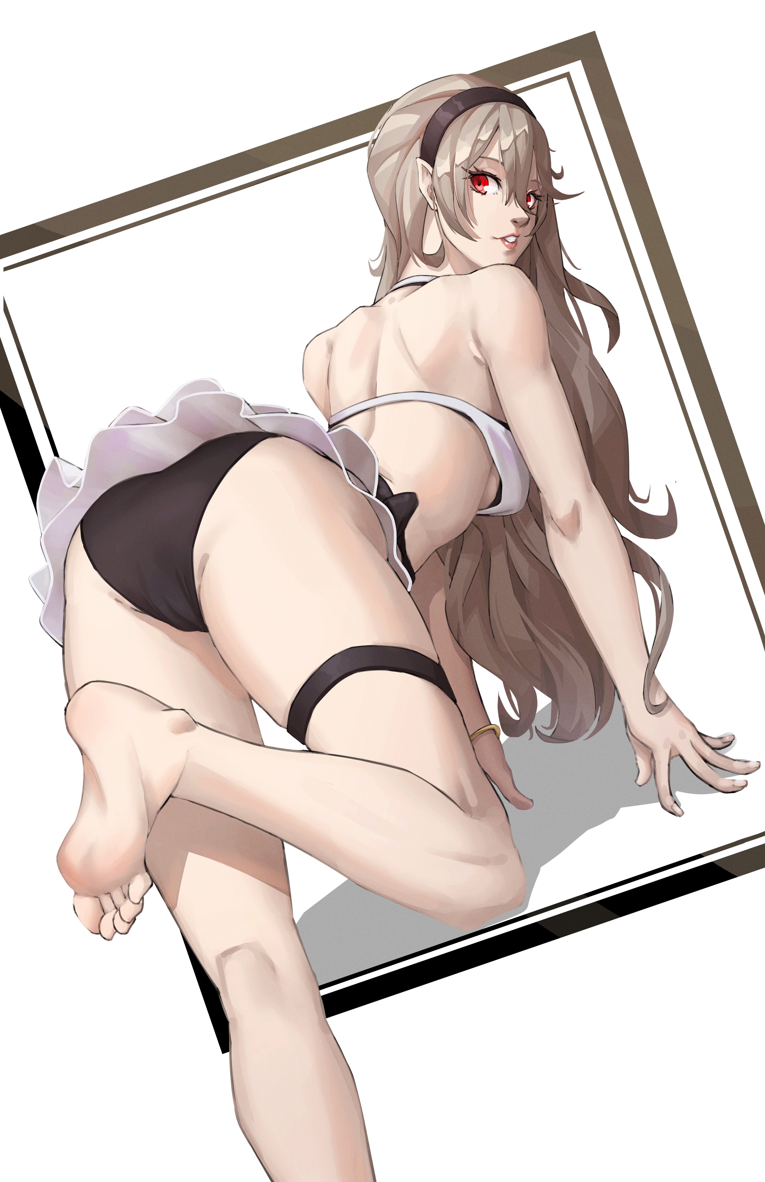 1girls, absurdres, all fours, alternate costume, ass, back, back view, bare back, barefoot, bikini, bikini skirt, blush, breasts, corrin (fire emblem), corrin (fire emblem) (female), feet, female, fire emblem, fire emblem fates, fire emblem heroes, flower, hair between eyes, hair ornament, hairband, highres, large ass, long hair, looking at viewer, looking back, manakete, nintendo, pointy ears, red eyes, silver hair, simple background, smile, solo, solo female, swimsuit, white bikini, white hair, white swimsuit, x xith x
