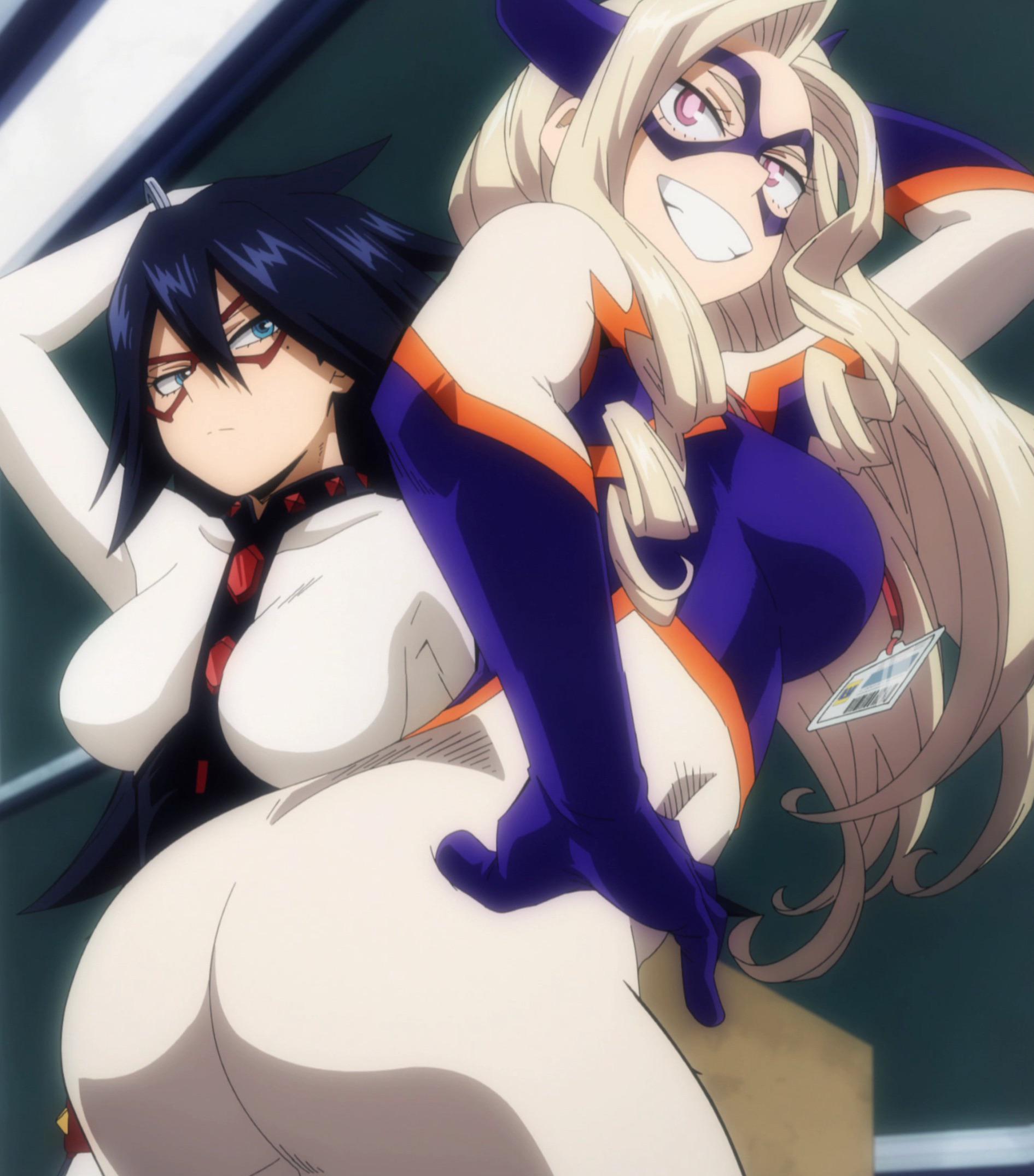 2girls, ass, big ass, big breasts, black hair, blonde hair, blue eyes, bodysuit, breasts, female, midnight (my hero academia), mount lady, my hero academia, nemuri kayama, outfit, purple eyes, purple hair, screencap, tight clothing, tight suit, yuu takeyama