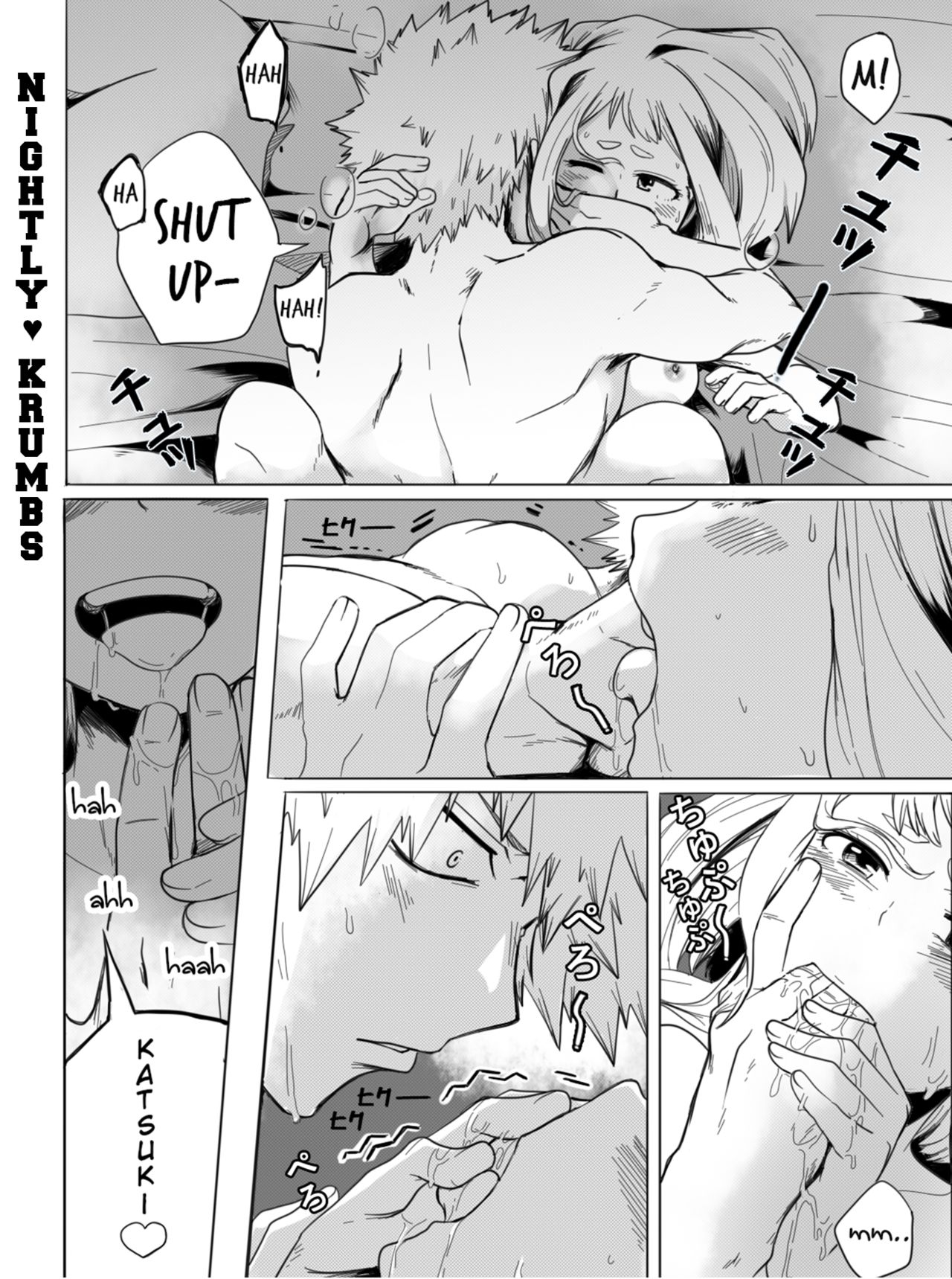 1boy, 1girls, aroused, black and white, breasts, cheating, cheating girlfriend, comic, comics, completely nude, doujinshi, excited, female, female human, femsub, fingers in mouth, happy sex, human, human male, imminent sex, katsuki bakugou, looking pleasured, male, missionary position, monochrome, my hero academia, nightlykrumbs, nude, ochako uraraka, on back, passionate, pussy, saliva, sex, spiky hair, spread legs, teenage girl, teenager, tongue, vaginal penetration