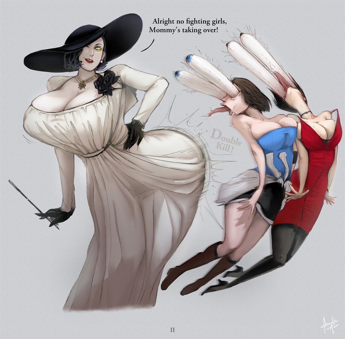 2021, acrylictoon, ada wong, ada wong (adriana), alcina dimitrescu, armpits, ass, ass in dress, awooga, belly, belly button, big ass, big breasts, breasts, brown hair, butt bump, capcom, choker, cleavage, curvy, dark hair, dress, english text, enormous breasts, eyes bugging out, eyes popping out, female, giantess, gigantic breasts, gloves, goth, goth girl, gothic, hourglass figure, huge ass, huge breasts, jill valentine, jill valentine (sasha zotova), large breasts, massive breasts, milf, red dress, resident evil, resident evil 2, resident evil 3, resident evil 8: village, seductive, seductive smile, short hair, sleeveless, text, thick, thick thighs, thighhighs, thighs, thin, thin waist, tight, tight clothes, tight clothing, tight fit, voluptuous, wide hips, wild take