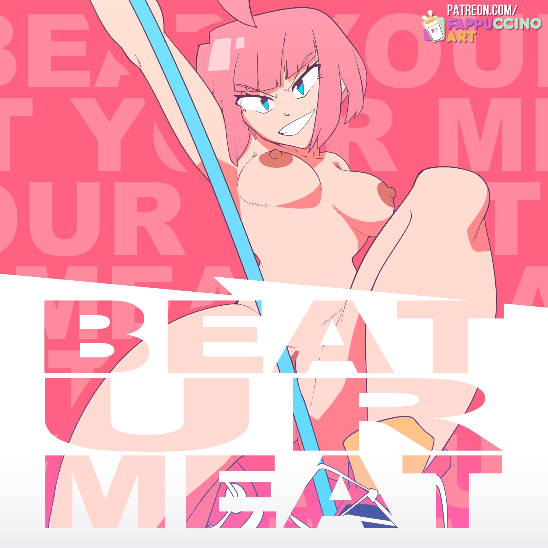 1girls, ahoge, beat (unbeatable), blue eyes, breasts, dark nipples, english text, fappuccino, female, first porn of character, first porn of franchise, grin, medium breasts, microphone stand, naked footwear, naked shoes, nipples, novelty censor, nude, on one knee, pink hair, pussy, pussy peek, solo, text censor, unbeatable