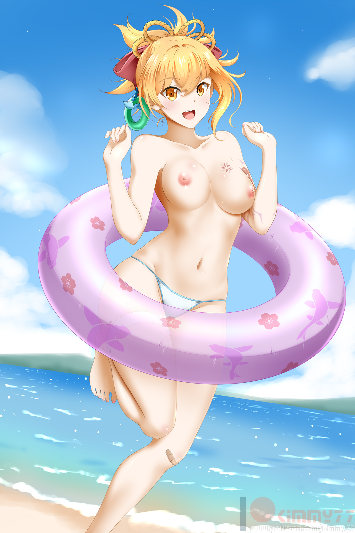 1girls, beach, bikini, blush, breasts, female, female only, genshin impact, hi res, kimmy77, looking at viewer, navel, nipples, smile, stomach, topless, yoimiya (genshin impact)