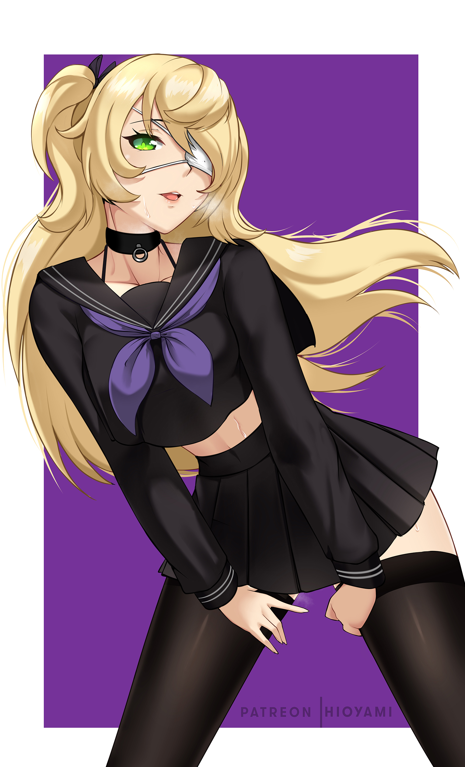 1girls, absurdres, blonde hair, choker, collarbone, eyepatch, female, fischl (genshin impact), genshin impact, green eyes, heavy breathing, highres, hioyami, long hair, midriff peek, open mouth, pussy, school uniform, simple background, smile, solo, solo female, steam, steaming body, steamy pussy, sweat, thighhighs, thighs, uniform