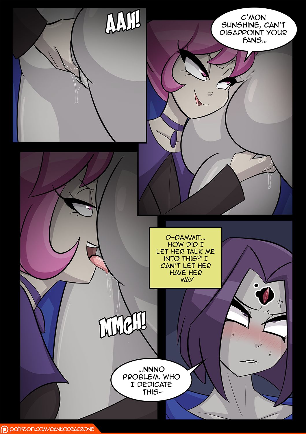 2girls, ahe gao, ass, bedroom eyes, biting lip, blush, comic, cunnilingus, dankodeadzone, dc, dc comics, embarrassed, endured face, english dialogue, english text, exhibitionism, eyes rolling back, female, female only, fingering, from behind, jinx (dc), lesbian sex, multiple females, multiple girls, no panties, pink eyes, pink hair, purple hair, pussy, pussy juice, rachel roth, raven (dc), shared clothes, teen titans, text, yuri