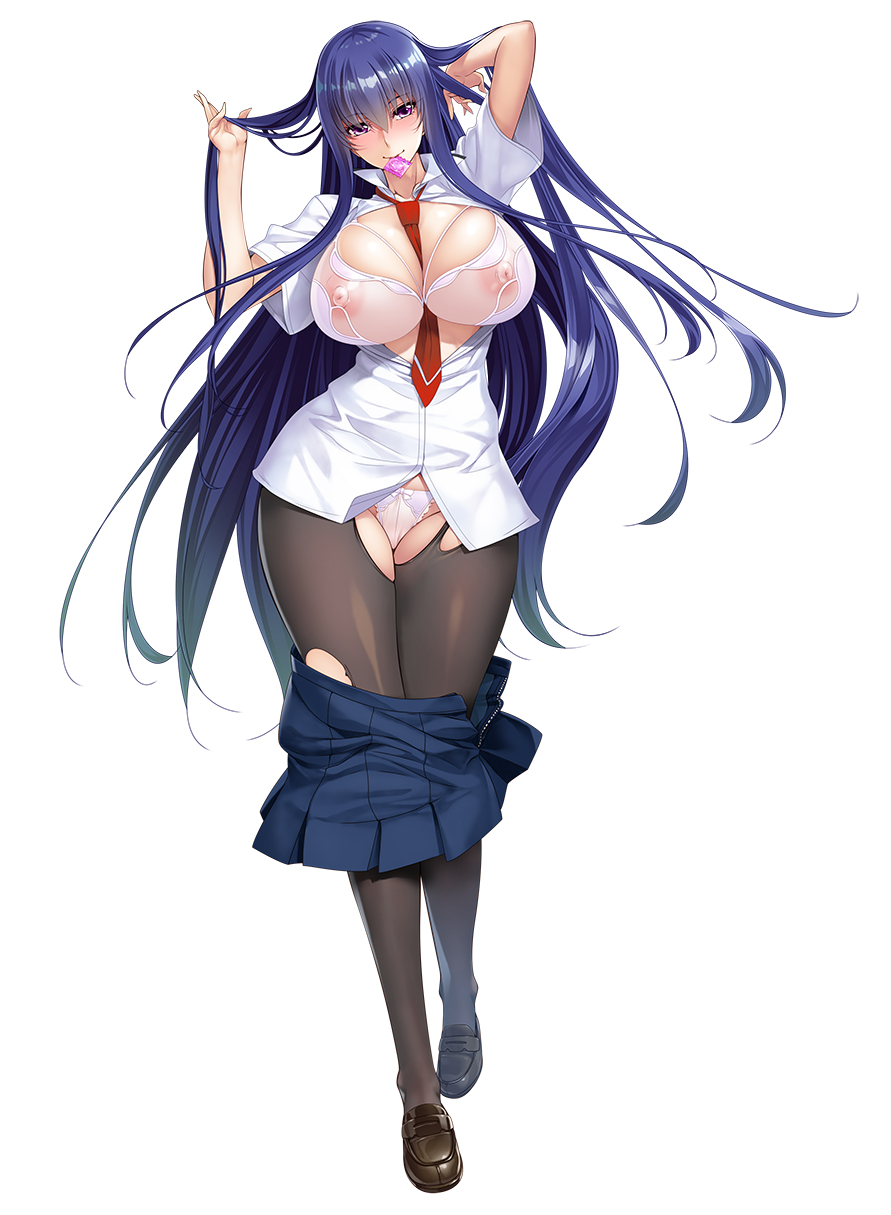 akiyama_rinko aoi_nagisa_(metalder) blue_hair breasts clothes_lift condom condom_in_mouth hair_ornament hairclip hand_on_head highres large_breasts long_hair looking_at_viewer mouth_hold necktie nipples official_art panties pantyhose school_uniform shirt skirt skirt_lift taimanin_(series) taimanin_yukikaze underwear