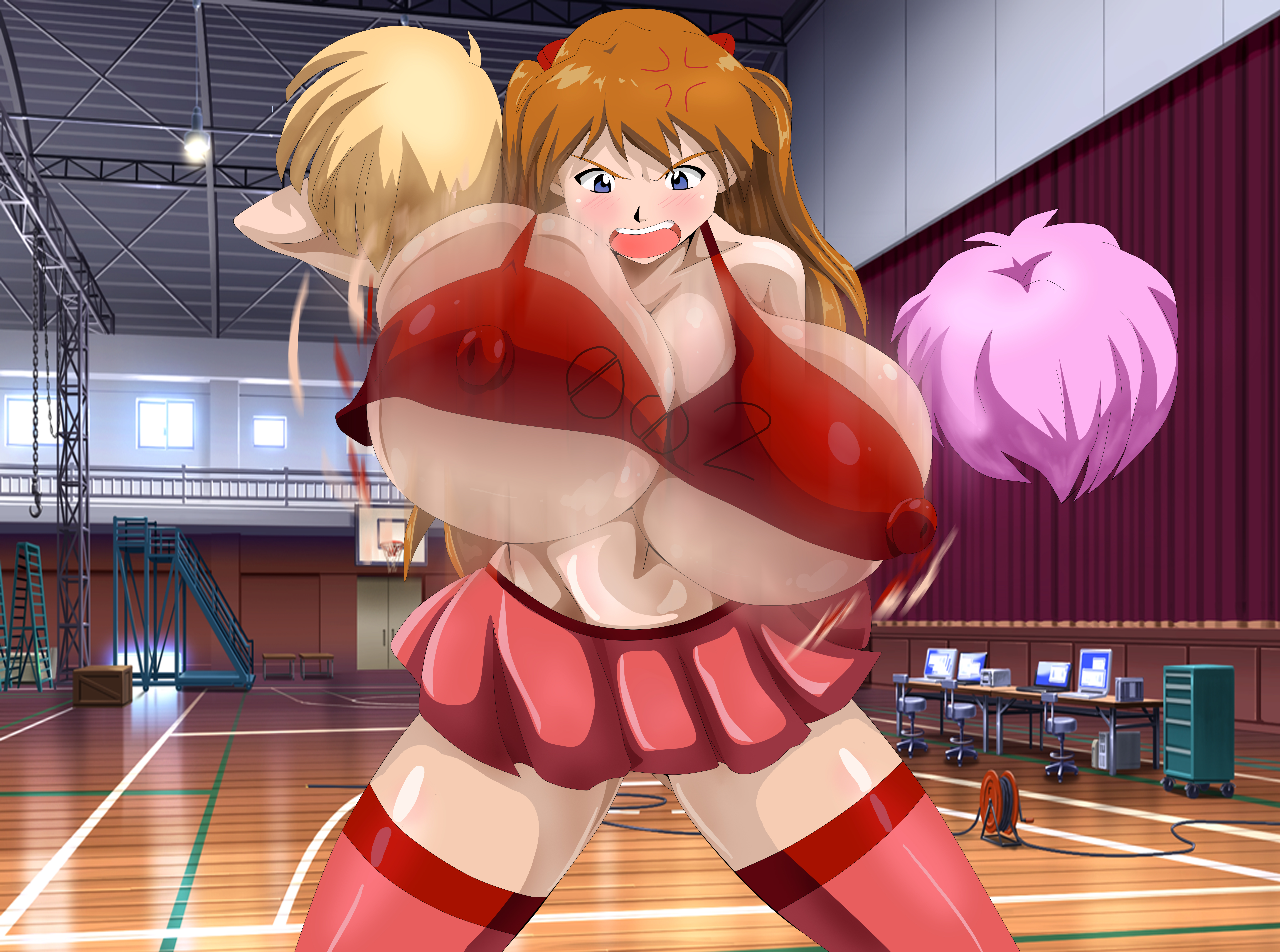 1girls, absurd res, alternate version at source, alternate version available, angry, annoyed, artist name, asuka langley sohryu, big breasts, blue eyes, blush, bouncing breasts, breasts, cheerleader, cheerleader uniform, cleavage, clothing, collarbone, crop top, erect nipples, erect nipples under clothes, female, female only, gigantic breasts, greengiant2012, gym, hair ornament, human, human only, indoors, large breasts, long hair, neon genesis evangelion, nipple bulge, nipples, open mouth, orange hair, pom poms, short skirt, skirt, solo, solo female, standing, stockings, tagme, thighhighs, top heavy, underboob