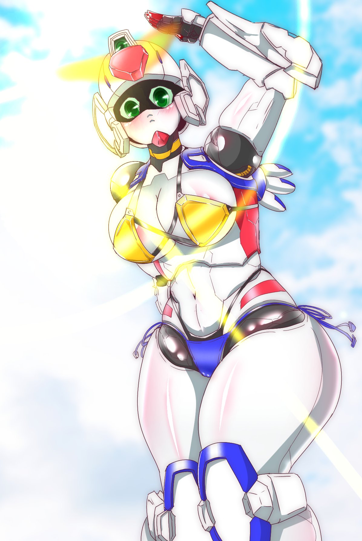 1girls beginning_gundam big_ass big_breasts bikini blush breasts cameltoe curvaceous female gundam gunpla_builders_beginning_g humanoid looking_at_viewer mecha mobile_suit natsuberry_(artist) robot robot_girl salute solo thick_thighs white_skin wide_hips