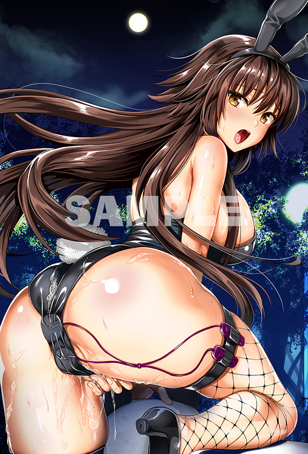 animal_ears ass black_leotard blush breasts brown_hair bunny_ears bunny_tail cum cum_on_ass cum_on_body dildo dildo_under_clothes dildo_under_leotard double_penetration fake_animal_ears fake_tail female fishnet_legwear fishnets forest from_behind full_moon kojima_saya large_breasts leotard looking_at_viewer looking_back moon nature night one_knee open_mouth original outdoors playboy_bunny pussy_juice saliva sample sex_toy solo tail thighhighs vibrator vibrator_in_thighhighs watermark yellow_eyes