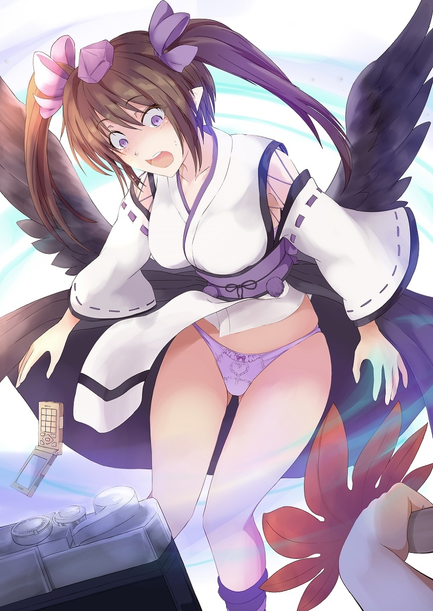 assisted_exposure blush bow_panties brown_hair camera cellphone embarrassed euf hatate_himekaidou kagami_toufu open_mouth panties pointy_ears purple_eyes purple_panties skirt skirt_lift surprised sweat tagme touhou twintails wind_lift wings