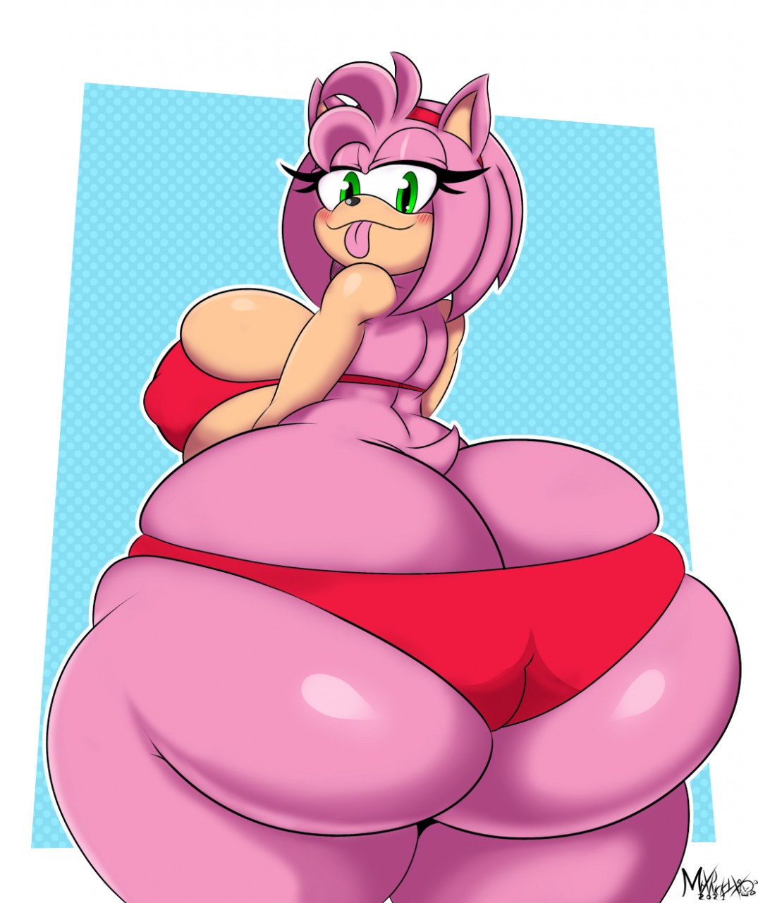amy rose, anthro, ass, ass cleavage, ass crack, bedroom eyes, big ass, big breasts, big butt, bikini, blep, breasts, butt crack, clothing, eulipotyphlan, female, green eyes, hedgehog, hi res, huge ass, huge breasts, huge butt, huge thighs, hyper, hyper ass, hyper butt, looking at viewer, mammal, mrxrickyx, narrowed eyes, nipple outline, rear view, seductive, sega, smile, solo, sonic (series), swimwear, thick thighs, tongue, tongue out, video games, wide hips