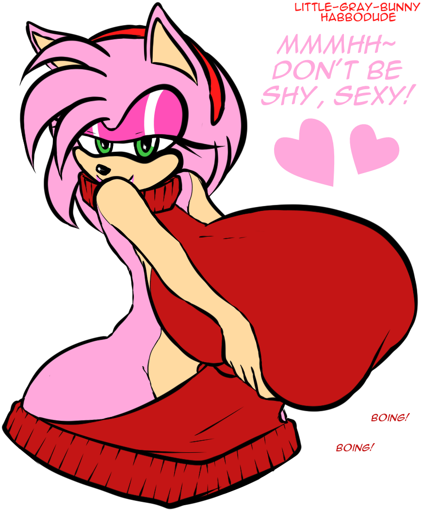 amy_rose anthro ass bedroom_eyes big_breasts big_butt breasts clothing dialogue eulipotyphlan eyeshadow female habbodude heart hedgehog holding_breast huge_breasts huge_butt hyper hyper_breasts lips lipstick little-gray-bunny looking_at_viewer makeup mammal meme meme_clothing narrowed_eyes onomatopoeia seductive sega smile solo sonic_(series) sonic_the_hedgehog_(series) sound_effects sweater text topwear video_games virgin_killer_sweater wide_hips