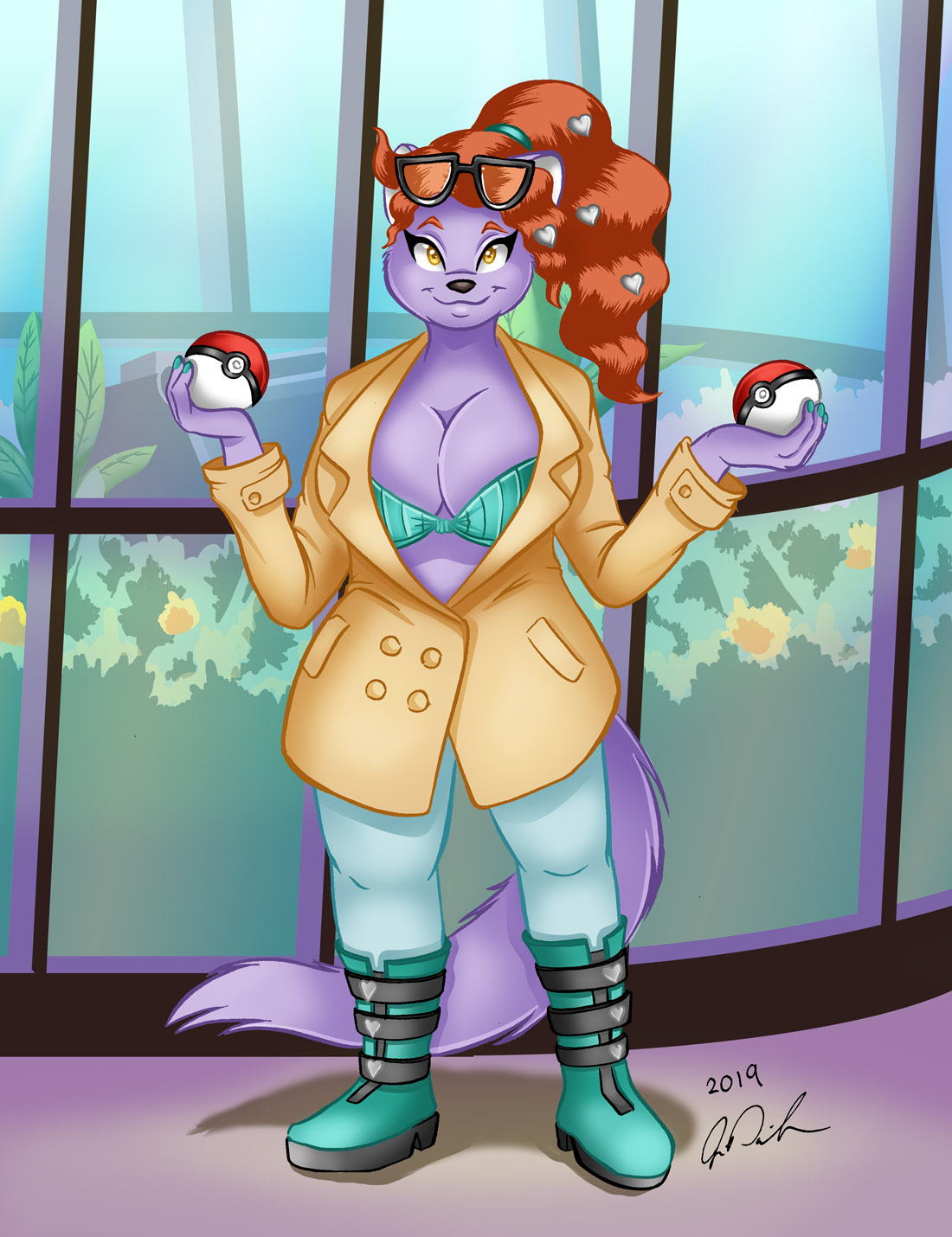 1girls 2019 amber_eyes anthro big_breasts breasts busty chubby cleavage cosplay costume eyewear_on_head feline female furry furry_breasts furry_tail hourglass_figure jonathan_ponikvar peter_and_company peter_and_whitney pokemon pokemon_ss purple_fur purple_hair signature sonia_(pokemon) voluptuous whitney_ponikvar wide_hips yellow_eyes