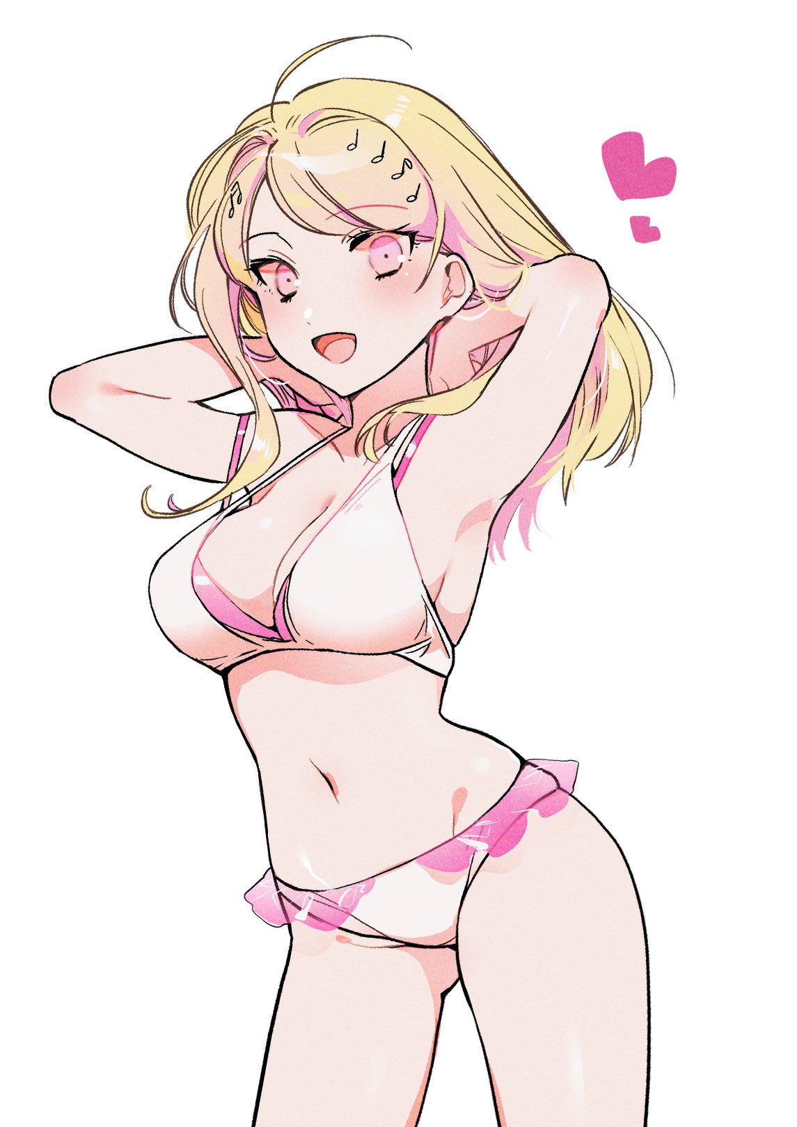 1girls, ahoge, akamatsu kaede, armpits, arms up, bare arms, bare midriff, bare shoulders, bare thighs, belly, big breasts, bikini, bikini bottom, bikini top, blonde hair, blush, blushing, breasts, danganronpa, danganronpa s: ultimate summer camp, danganronpa v3, dpeqb, female, female only, hands behind head, happy, heart, human, human only, light skin, light-skinned female, long hair, looking at viewer, midriff, navel, new danganronpa v3, pink eyes, smile, smiling, smiling at viewer, solo, solo female, stomach, straight hair, swimsuit, thighs, white background, white bikini, white bikini bottom, white bikini top, white swimsuit, wholesome