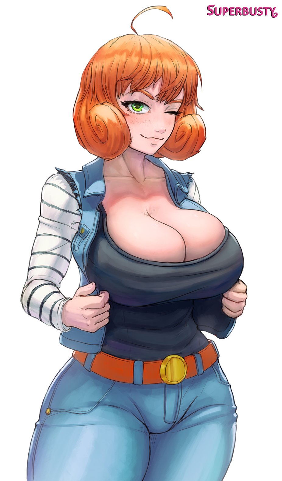 1girls, ahoge, android 18 (cosplay), big breasts, breasts, cleavage, clothed, clothing, cosplay, crossover, dragon ball, dragon ball z, female, female only, freckles, green eyes, hips, huge breasts, humanoid, jeans, large breasts, looking at viewer, one eye closed, orange hair, penny polendina, rooster teeth, rwby, smile, solo, solo female, superbusty, thick, thick thighs, thighs, wide hips, wink