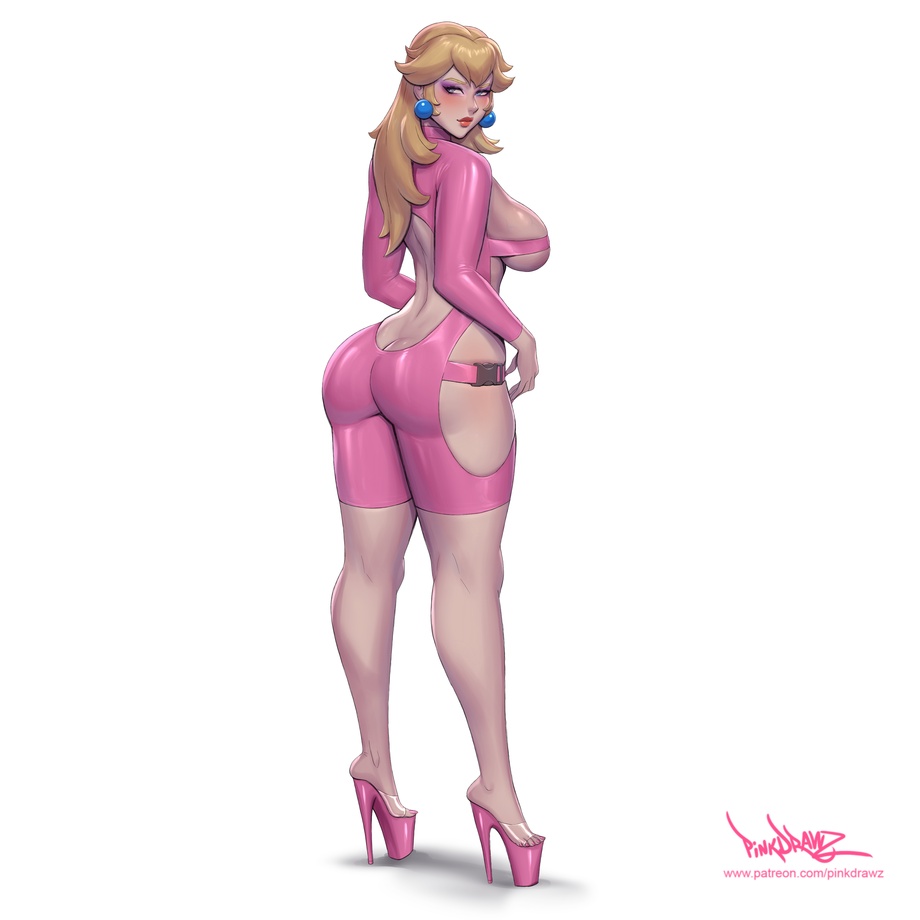 1girls, ass, ass cleavage, ass crack, back, backless outfit, big ass, big breasts, blonde hair, blue eyes, blush, breasts, butt crack, female, female only, full body, heels, high heels, large breasts, long hair, looking at viewer, looking back, makeup, mario (series), nintendo, pinkdrawz, platform heels, princess peach, revealing clothes, sideboob, simple background, solo, standing, thighs, white background