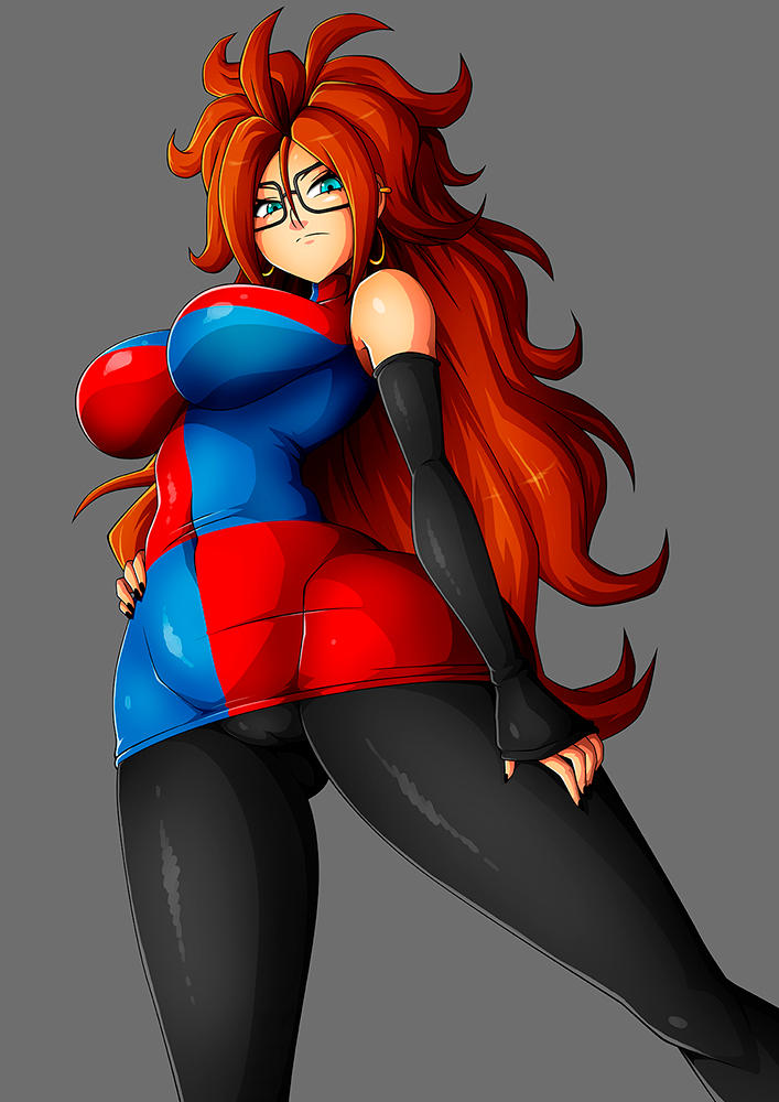 android, android 21, android 21 (human), big breasts, blue eyes, breasts, brown hair, clothing, dragon ball, dragon ball fighterz, earrings, female, female only, glasses, long hair, mature female, shounen jump, solo, tight clothing, witchking00