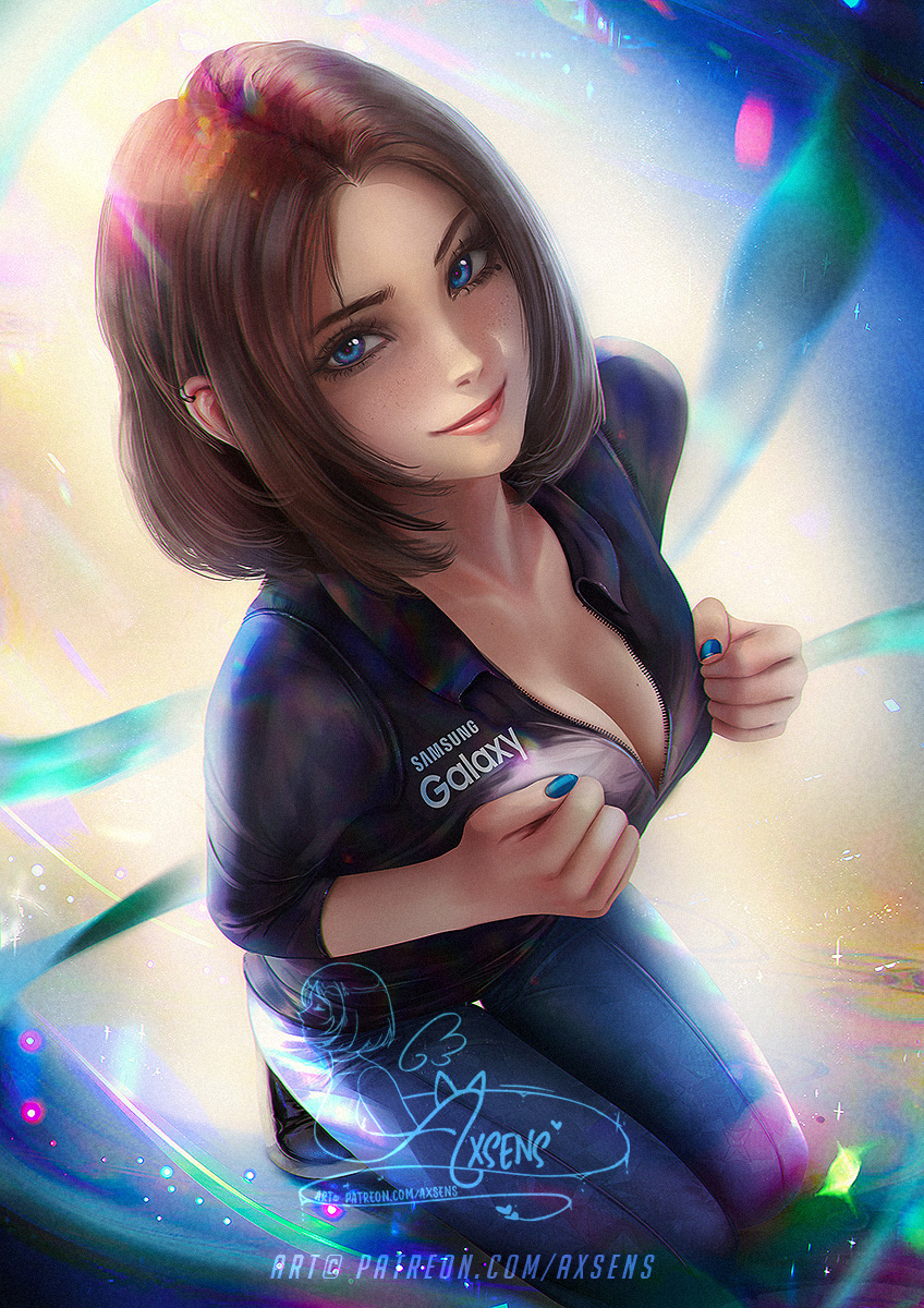 1girls, axsens, big breasts, blue nails, breasts, cleavage, clothed, female, female only, kneeling, large breasts, nail polish, samsung, samsung sam, solo