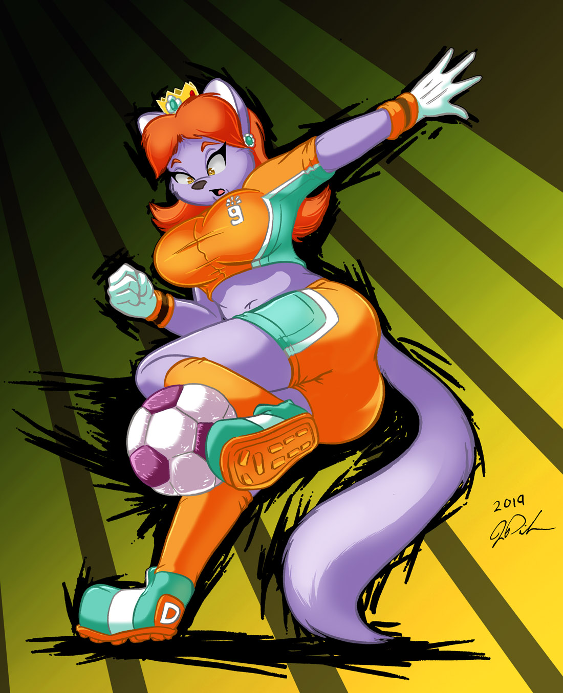 1girls 2019 alternate_version_available amber_eyes anthro ass big_breasts breasts chubby cosplay costume feline female furry furry_breasts furry_tail hourglass_figure jonathan_ponikvar large_ass mario_(series) mario_strikers peter_and_company peter_and_whitney princess_daisy_(cosplay) purple_fur purple_hair signature whitney_ponikvar wide_hips