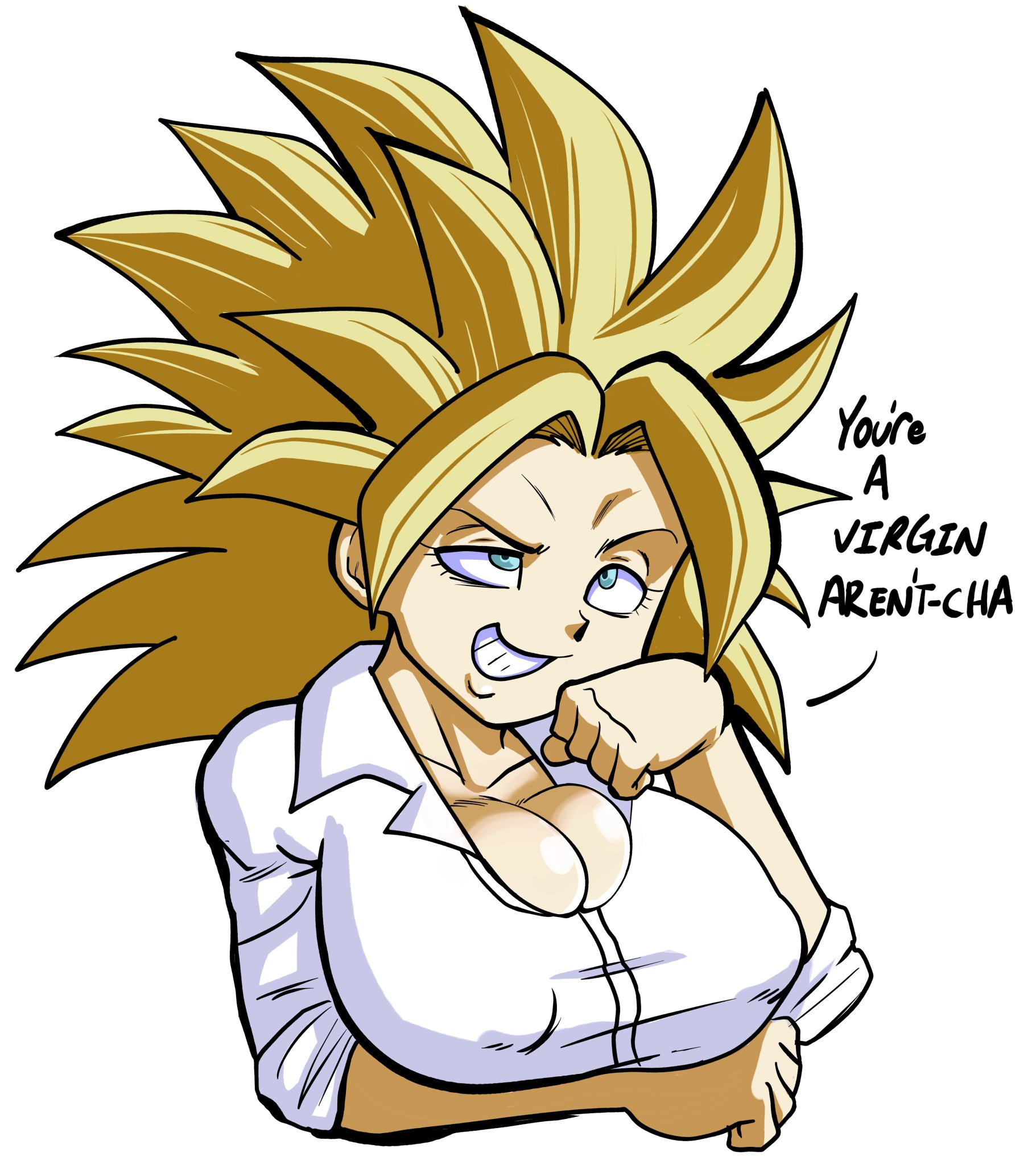 1girls, big breasts, blonde hair, breasts, breasts bigger than head, busty, button down shirt, caulifla, cleavage, dragon ball, female, female only, huge breasts, pseudocel, shounen jump, solo, solo female, super saiyan, tight clothing, tight fit, tomboy, uniform