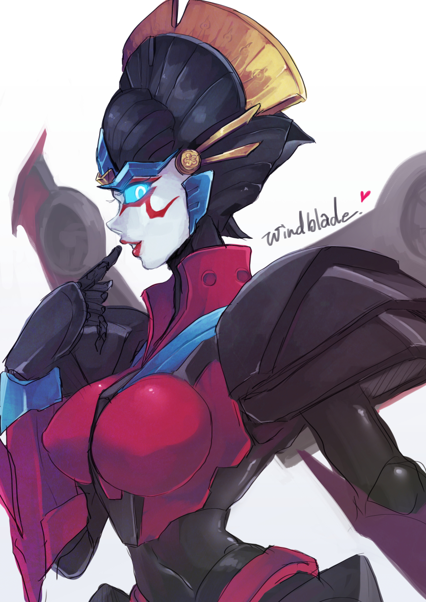 1girls, alien, alien girl, artist request, big breasts, blue eyes, breasts, busty, female, looking at viewer, machine, nipple bulge, red lips, red lipstick, robot, robot girl, solo, solo female, transformers, windblade, wings