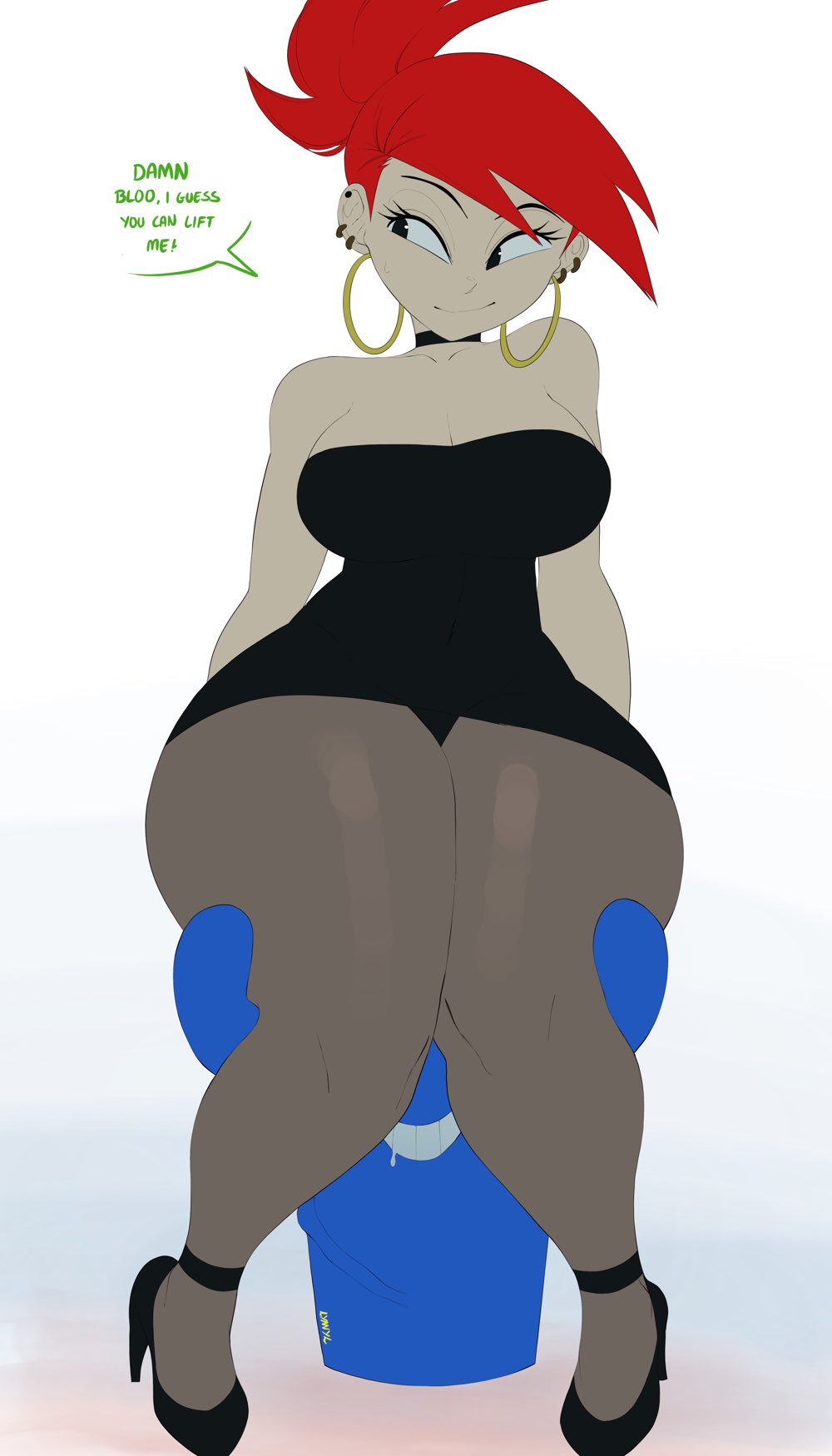 big_ass big_breasts big_butt black_dress bloo breasts cartoon_network cleavage dress female female_focus footwear foster's_home_for_imaginary_friends frankie_foster high_heels leggings legwear lyn_nyl male noblood red_hair shoes source_request thick_thighs thighs white_background wide_hips year_request