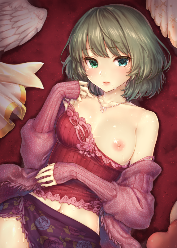 bare_shoulders blue_eyes bob_cut breasts female floral_print green_eyes green_hair hand_up heterochromia idolmaster idolmaster_cinderella_girls jacket jewelry kazabuki_poni large_breasts long_sleeves looking_at_viewer lying medium_hair midriff mole mole_under_eye navel necklace nipples on_back one_breast_out open_clothes open_jacket parted_lips pink_jacket purple_skirt red_shirt shirt skirt sleeves_past_wrists solo sweat takagaki_kaede tears