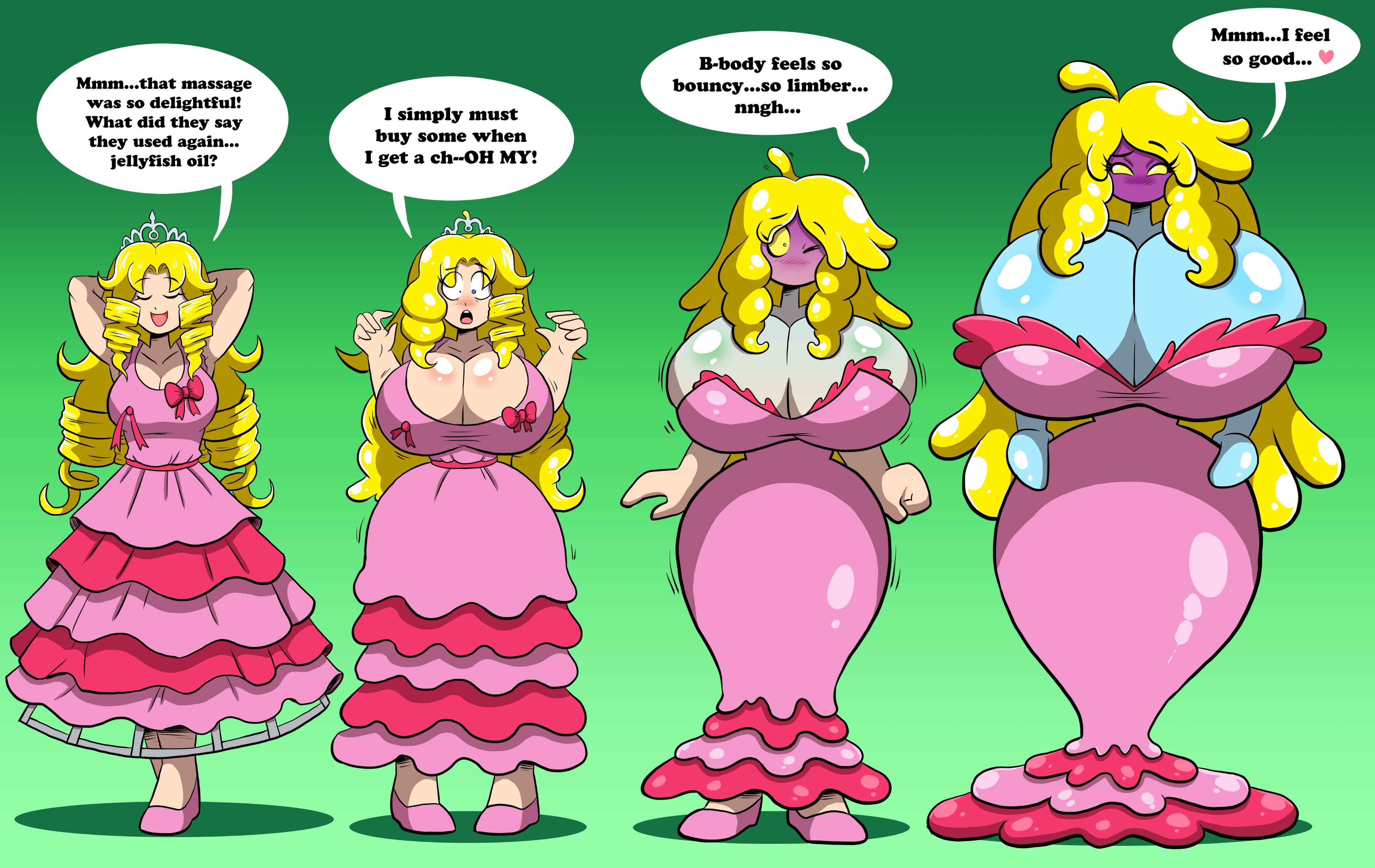 bimbo, bimbofication, breast expansion, breast growth, breast growth (enlargement), breasts, caelia, comic, female, identity death, jellyfish, jellyfish humanoid, original character, prinnydood, species transformation, tagme, transformation, transformation sequence