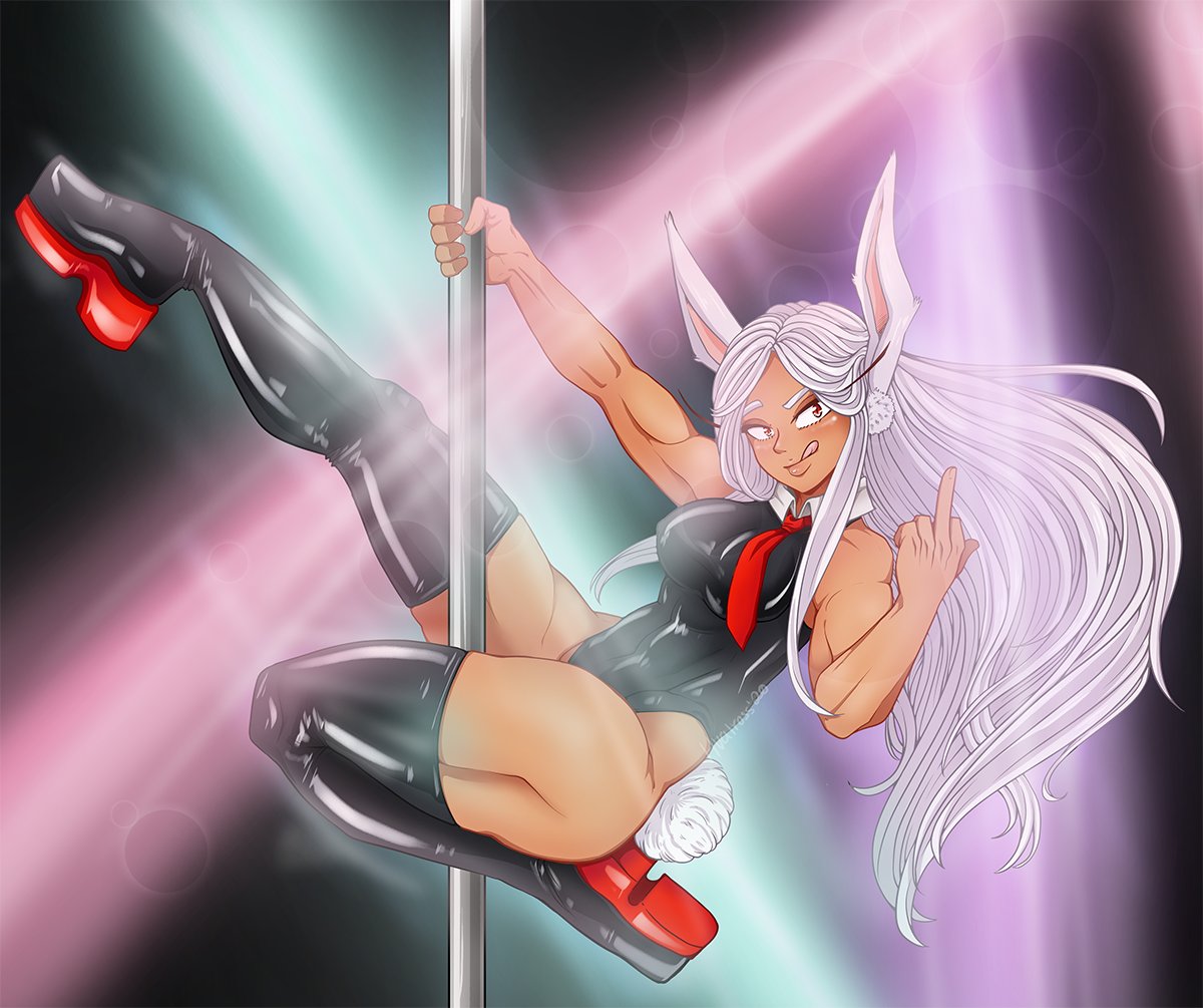 1girls, animal ears, bunny ears, bunny tail, dark skin, dark-skinned female, female, female only, hvalross, long hair, middle finger, miruko, muscular, muscular female, my hero academia, pole dancing, rabbit ears, rabbit girl, rabbit tail, rumi usagiyama, solo, solo female, stripper pole, thick thighs, tongue, tongue out, white hair