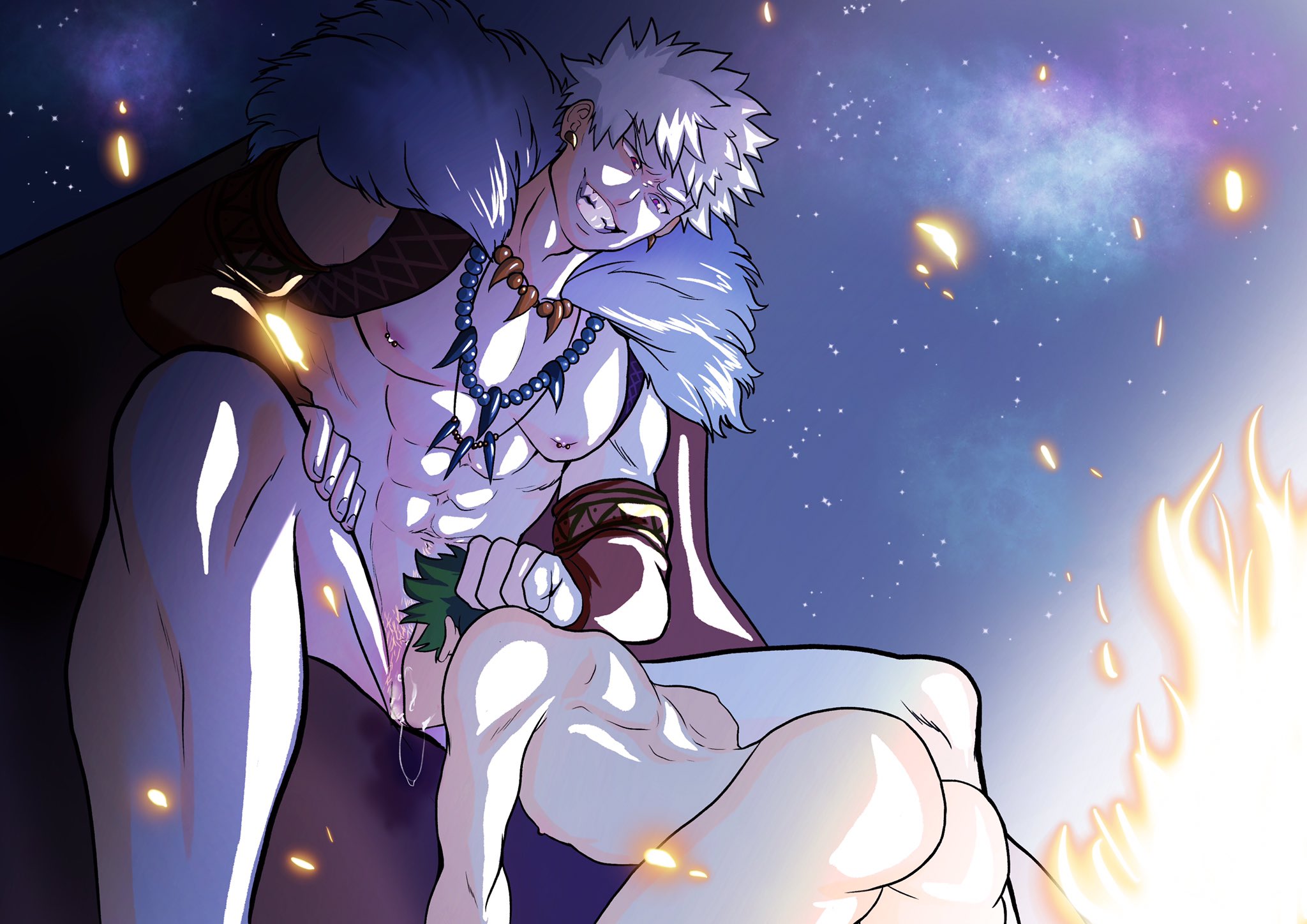 2boys, abs, ass, blonde hair, blowjob, deepthroat, fellatio, fire, gay, green hair, hair grab, head grab, izuku midoriya, katsuki bakugou, legs apart, male, male only, male/male, my hero academia, necklace, nude, nude male, oral, oral sex, penis, penis in mouth, saliva, saliva string, submissive, submissive male, trashy bee, yaoi