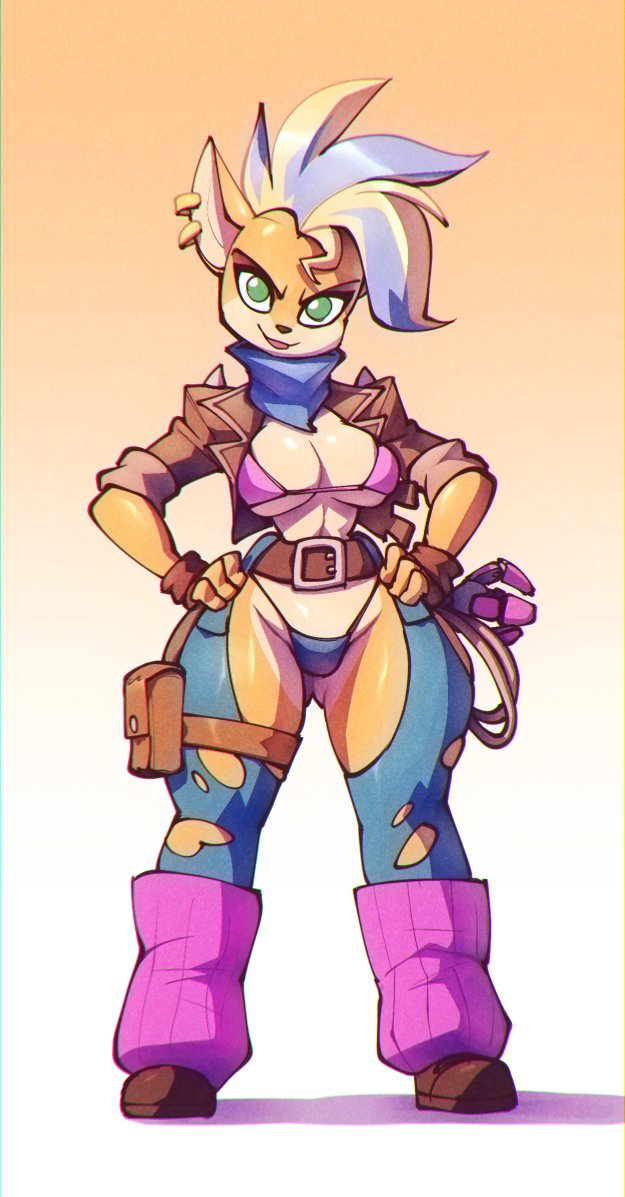 1girls, 2021, activision, anthro, ass, ass visible through thighs, bandana, bigdad, bikini, bikini bottom, bikini top, boots, breasts, cleavage, crash (series), crash bandicoot 4: it's about time, earrings, female, female focus, female only, fur, furry, furry only, green eyes, hands on hips, hip cleavage, hip focus, jacket, large breasts, legwarmers, lips, lipstick, orange fur, pirate tawna, shoes, short hair, solo, solo female, standing, tawna bandicoot, tawna bandicoot (crash 4), thick, thick ass, thick legs, thick thighs, thighs, torn clothes, torn clothing, torn legwear, two-tone hair, wide hips