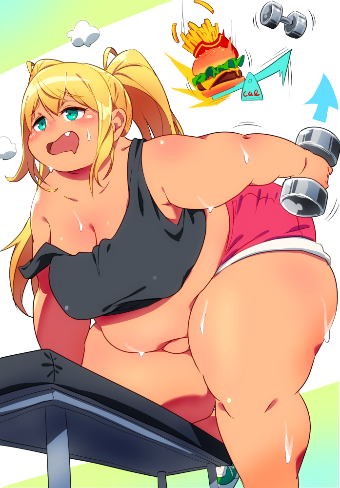 bbw belly blonde_hair dumbbell dumbbell_nan_kilo_moteru? fat gyaru midriff overweight overweight_female sakura_hibiki shorts solo solo_female squarewave sweat tan twintails weightlifting workout