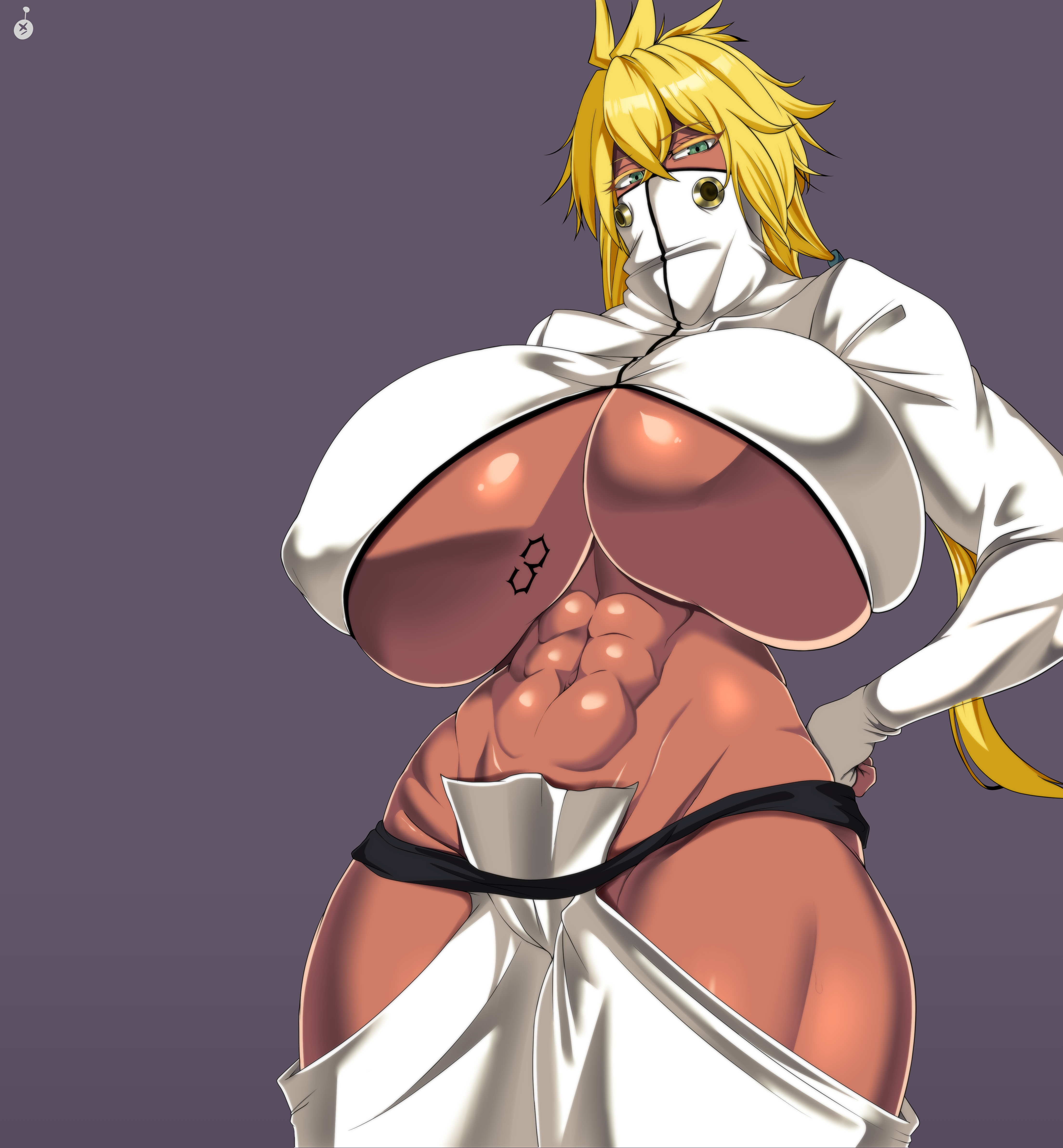 1girls, abs, big breasts, big thighs, bleach, blonde hair, breasts, busty, covered mouth, dark skin, dark-skinned female, female, gigantic breasts, green eyes, huge breasts, huge thighs, human, large breasts, large thighs, massive breasts, massive thighs, muscular, muscular female, thick thighs, thighs, tia harribel, wide thighs, wirberlwind