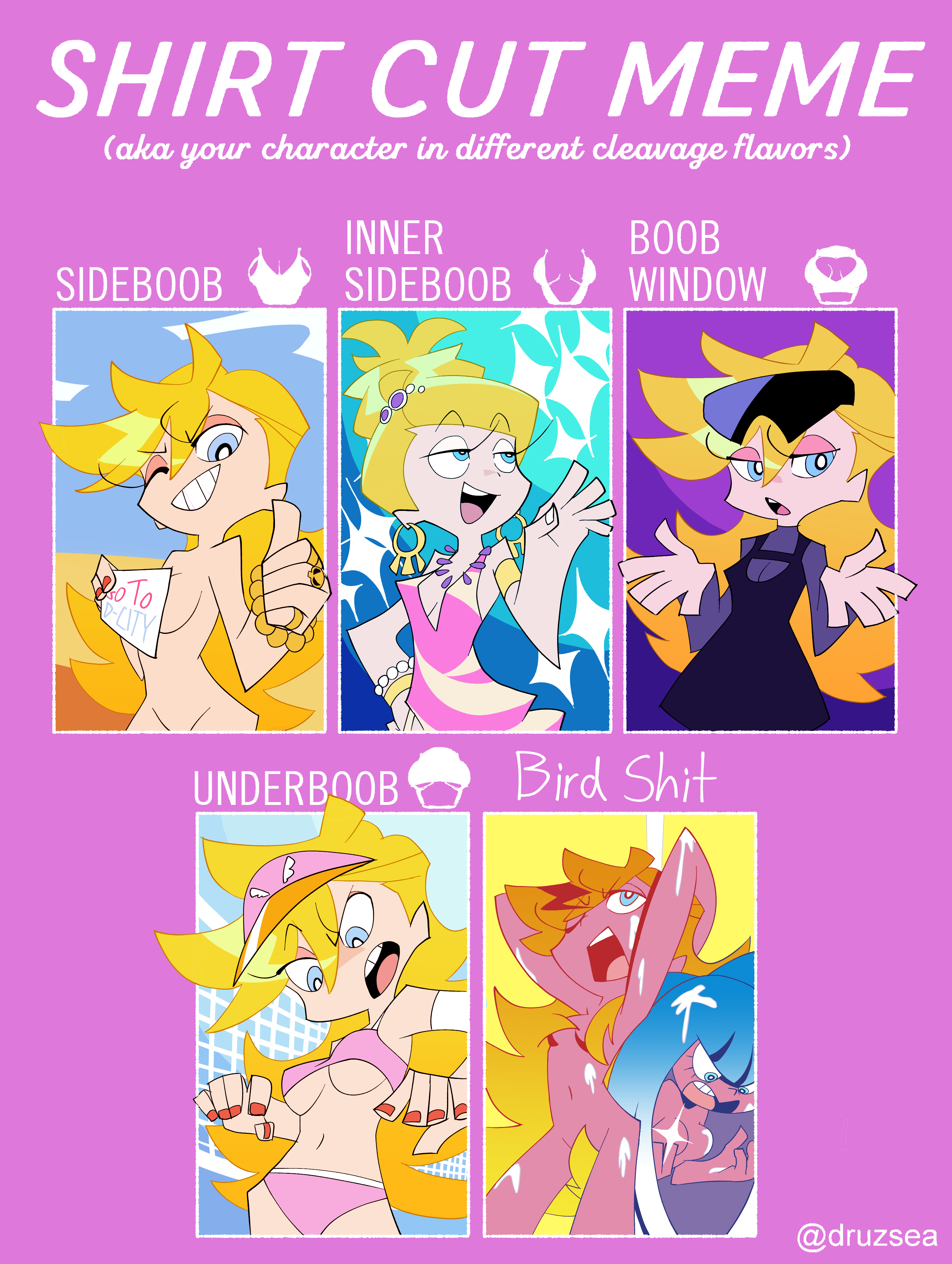 2girls, blonde hair, blue eyes, breasts, cleavage, cleavage cutout, clothing, female, female only, human, long hair, meme, multiple females, multiple girls, multiple views, pale skin, panties, panty & stocking with garterbelt, panty anarchy, phishcaek (artist), shirt cut meme, sideboob, small breasts, stocking anarchy, underboob