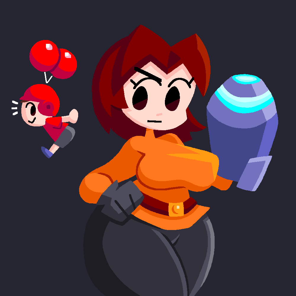 animal crossing, arm cannon, balloon, belt, black legwear, black pants, breasts, floating, flying, hand on hip, huge breasts, jjoyplus, looking away, looking back, looking to the side, male, mii, mii gunner, mii gunner (smash 4), mob face, nintendo, no outlines, only player, orange shirt, super smash bros., thick thighs, villager (animal crossing)