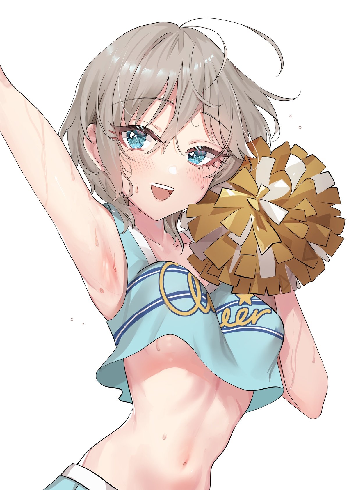 ahoge, anastasia (idolmaster), armpits, blue eyes, breasts, cheerleader, crop top, female, grey hair, highres, idolmaster, idolmaster cinderella girls, idolmaster cinderella girls starlight stage, looking at viewer, loose clothes, medium breasts, midriff, navel, no bra, pom pom (cheerleading), rum raisin (chihiromakita19), shirt, short hair, sleeveless, sleeveless shirt, smile, solo, sweat, underboob