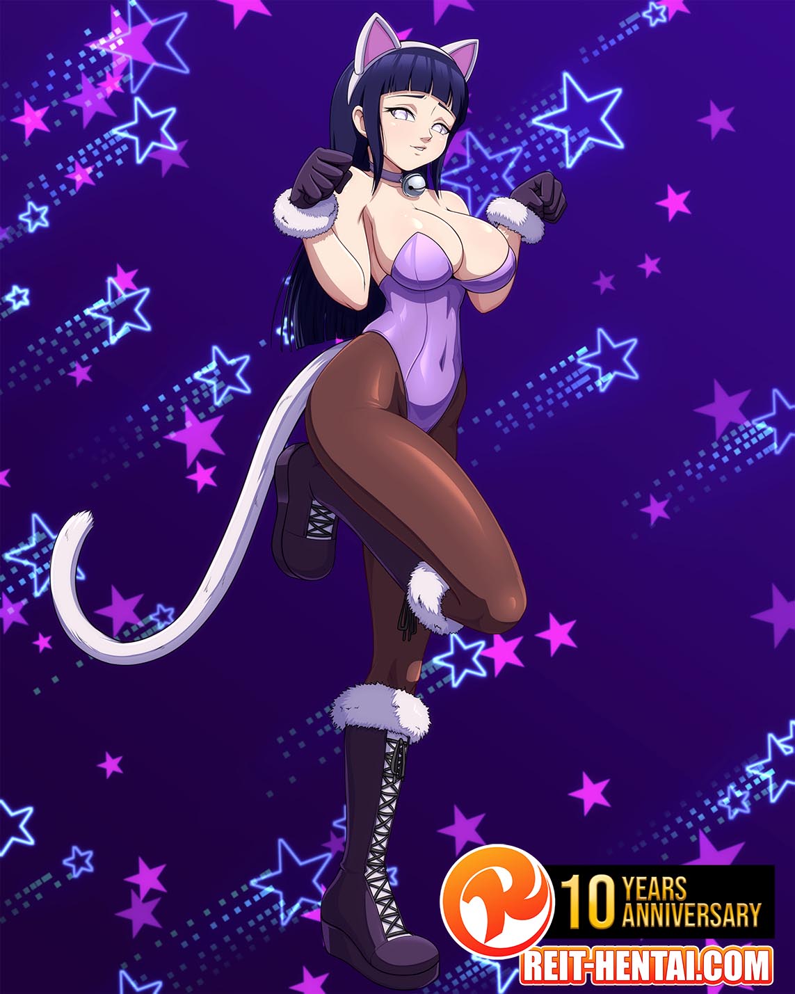 background, big breasts, blue hair, breasts, cat ears, cat tail, catsuit, clothed female, female, hyuuga hinata, long hair, looking at viewer, naruto, naruto (series), naruto shippuden, pinup, reit, tail, tight clothing, watermark, white eyes