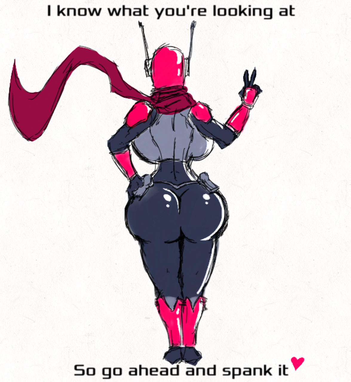 artist request, ass, back view, breasts, bubble ass, bubble butt, curvaceous, curvy, female, huge ass, huge breasts, huntress (risk of rain), inviting, large ass, large breasts, peace sign, risk of rain, risk of rain 2, scarf, seductive, shiny ass, skin tight, source request, voluptuous