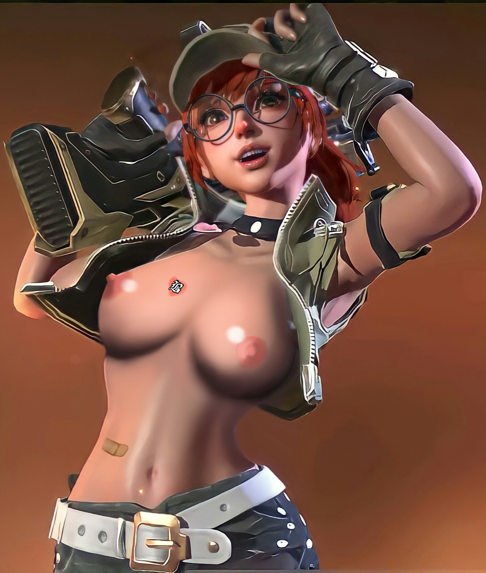 3d, artist request, big breasts, breasts, cute, female, fio germi, glasses, hat, metal slug, military, military uniform, nude, red hair, snk, soldier, video games