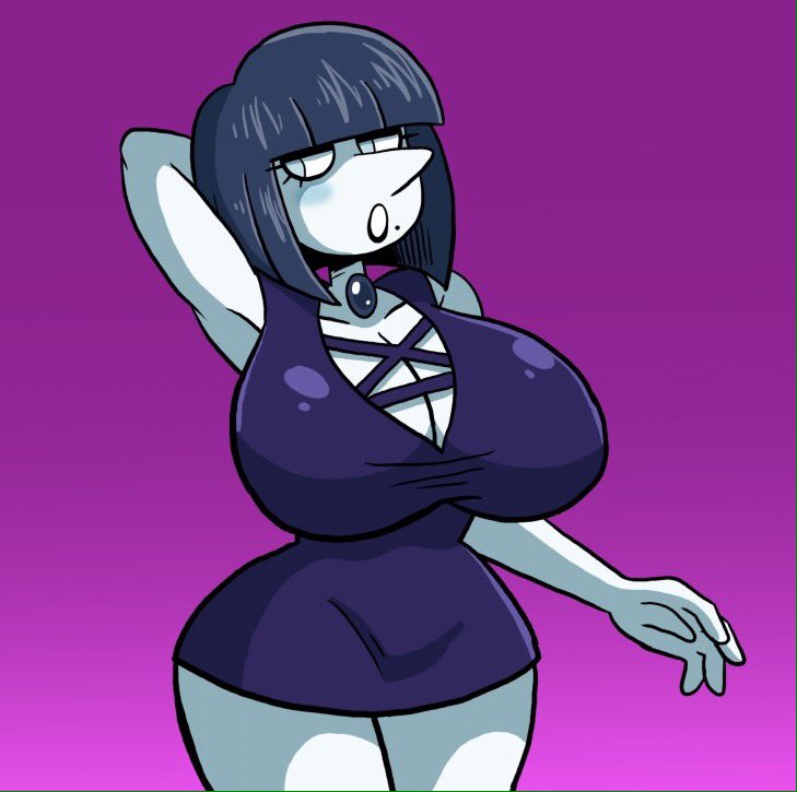 alternate_breast_size alternate_hairstyle alternate_outfit arm_behind_head beauty_mark big_breasts big_hips big_nose big_thighs black_pearl blue_blush blue_eyes boob_window cleavage eyelashes female gemsona goth hourglass_figure identity_death large_breasts large_hips mole_under_mouth pale-skinned_female pale_skin pearl_(steven_universe) prinnydood purple_dress purple_hair steven_universe voluptuous wide_hips