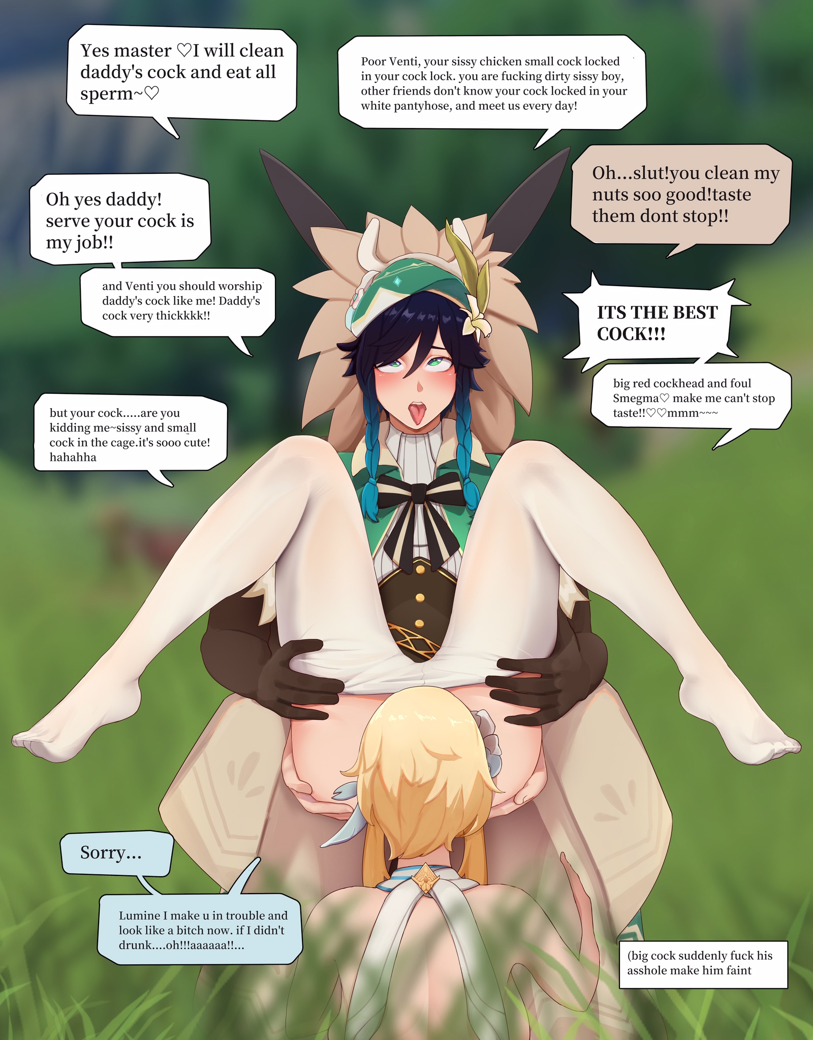 1girls, 2boys, ahe gao, anal, bisexual, bisexual male, blonde hair, dark skin, dark-skinned male, dialogue, english text, female, femboy, forest, gay, genshin impact, girly, hilichurls (species), interracial, light skin, light-skinned female, light-skinned male, lumine (genshin impact), male, on knees, penis, sissy, small penis humiliation, text, threesome, tm yuebing, venti (genshin impact), yaoi