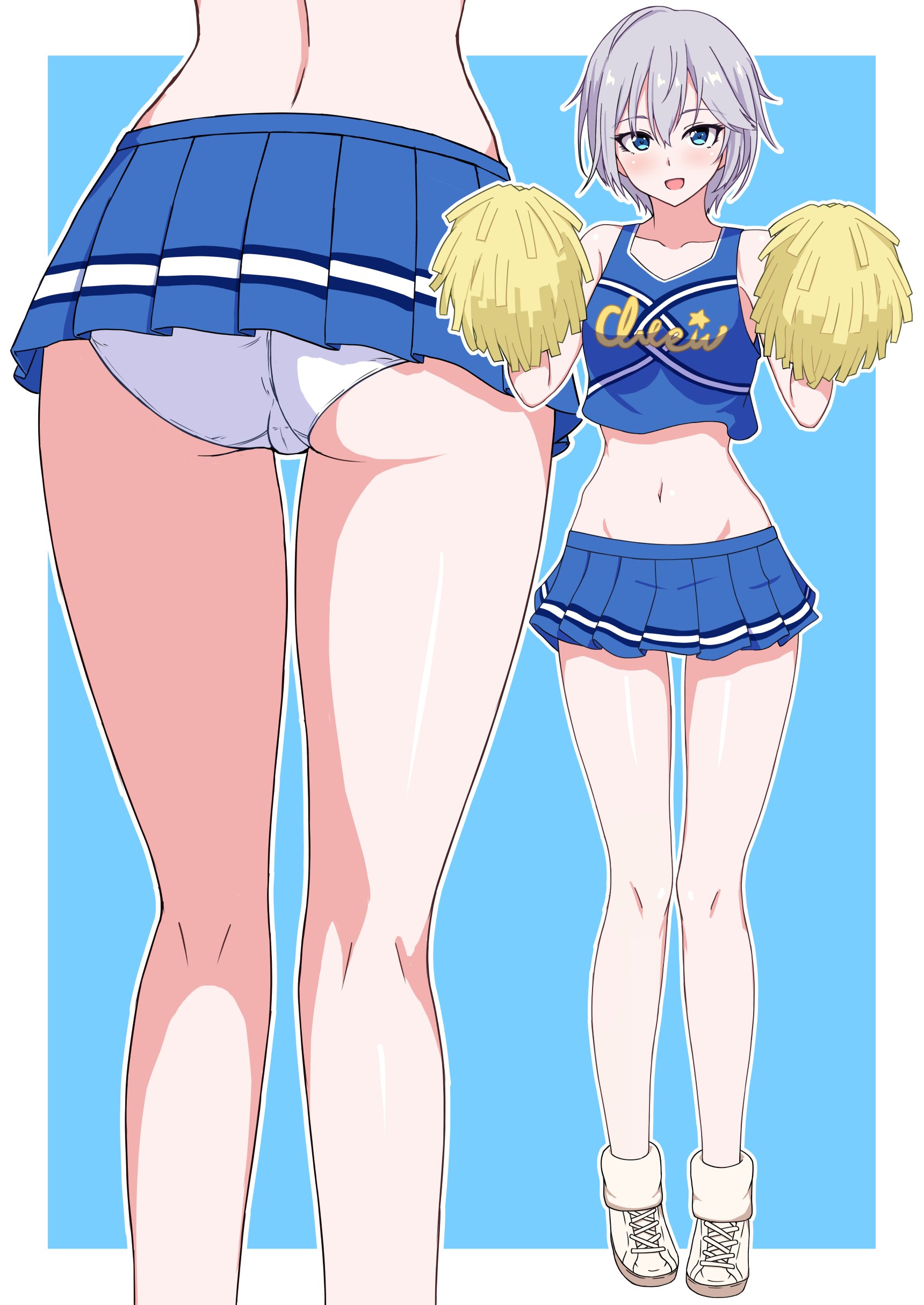 absurdres, anastasia (idolmaster), ass, ass hanging out of skirt, blue eyes, cheerleader, crop top, female, full body, groin, highres, idolmaster, idolmaster cinderella girls, microskirt, midriff, navel, open mouth, outline, panties, pleated skirt, pom pom (cheerleading), short hair, silver hair, skirt, smile, solo, takaman (gaffe), underwear, white panties