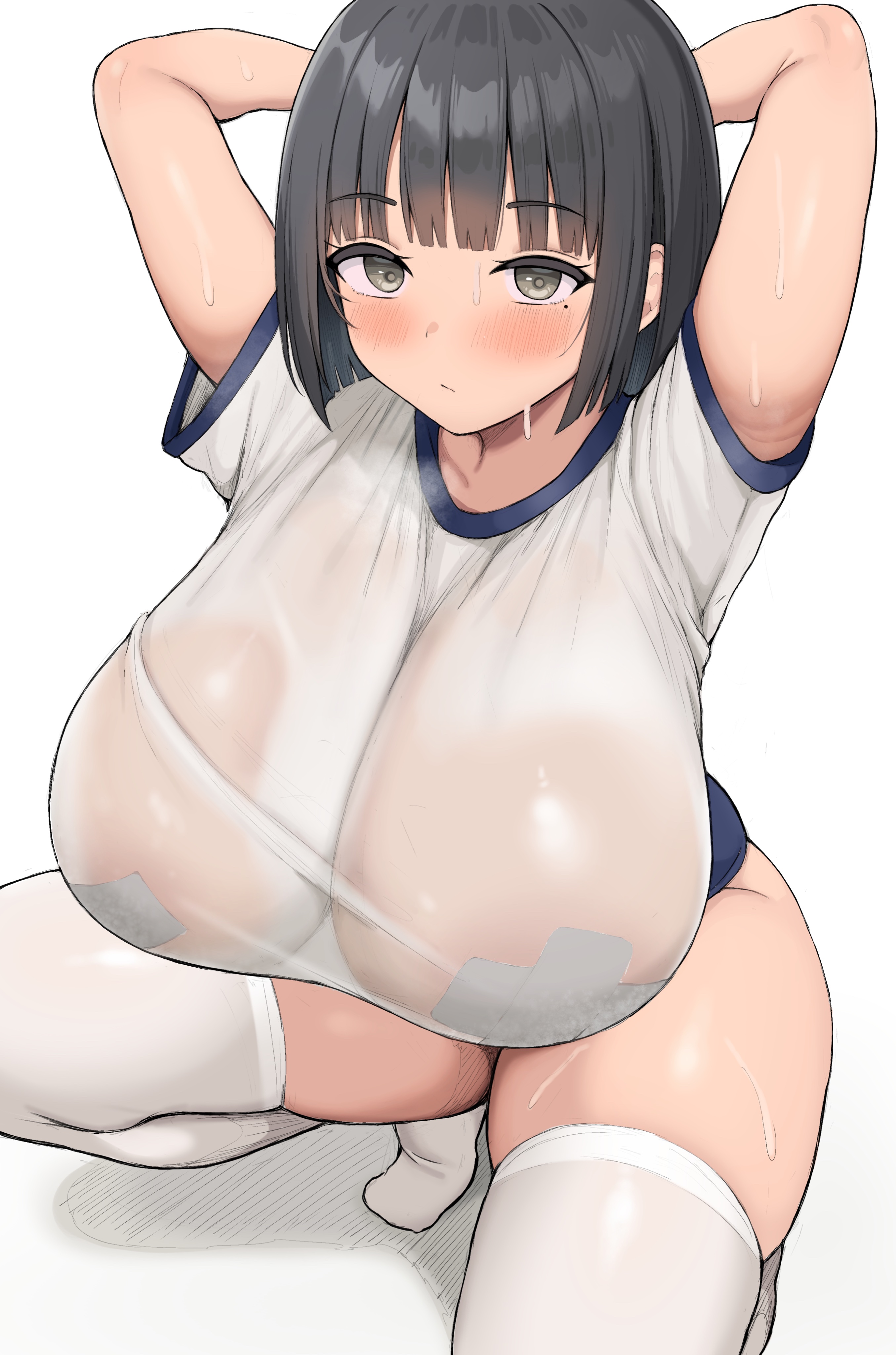 1girls, arms up, bloomers, breasts, buruma, chubby, female, female only, gym clothes, gym uniform, hips, huge breasts, light skin, light-skinned female, naughty face, neneneji, no bra under clothes, original, original character, see-through, see-through clothing, solo, squatting, sweat, sweaty body, thick thighs, thighs, wide hips, x pasties