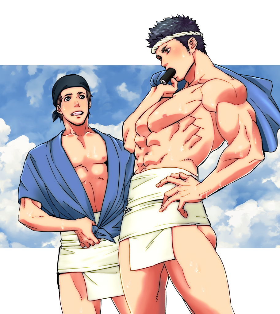 2boys abs ass_visible_through_thighs bandana beefy biceps black_eyes black_hair blue_sky blush brown_eyes brown_hair cloud coat_on_shoulders eating eating_food ehomaki etchu_fundoshi food fundoshi gay hachimaki hand_on_waist happi_(clothing) headband hi_res hunk japanese_clothes light_skin looking_at_another male male_only mature_male morning muscles muscular muscular_arms muscular_male no_body_hair no_visible_genitalia original original_character outdoors pecs sarashi setsubun short_hair six_pack size_difference sky standing sushi sweat sweatdrop sweating sweaty thick_arms triceps unknown-bl unknown_(yaoi_artist) very_sweaty white_border white_fundoshi yaoi