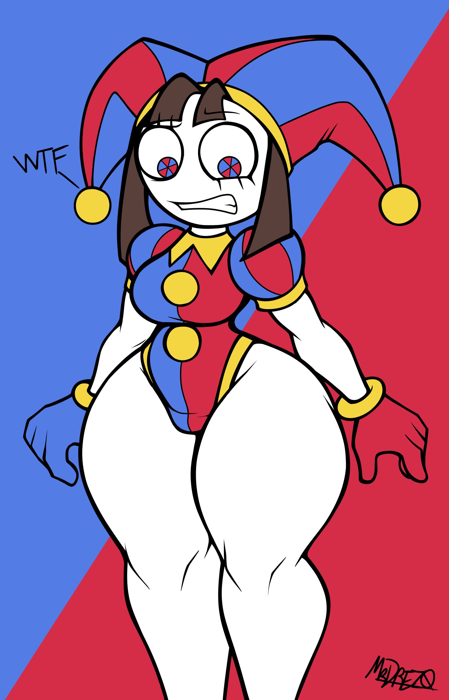 annoyed expression, big breasts, breasts, child bearing hips, female, glitch productions, jester hat, leotard, mrdrezq, pomni (the amazing digital circus), tadc, the amazing digital circus, thick thighs, white body