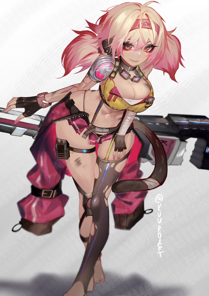 1girls 2d artist_request bare_ass bare_chest bare_hips bare_legs bare_midriff bare_navel bare_shoulders bare_skin bare_thighs barefoot blonde_hair female goggles goggles_around_neck hairband kokonuts mechanic monkey_ears monkey_girl monkey_tail navel orange_eyes pink_eyes pink_highlights pink_skirt prosthetic_arm scar_across_eye shadow tagme thigh_gap torn_legwear torn_stockings torn_thighhighs twitch virtual_youtuber vtuber yellow_shirt