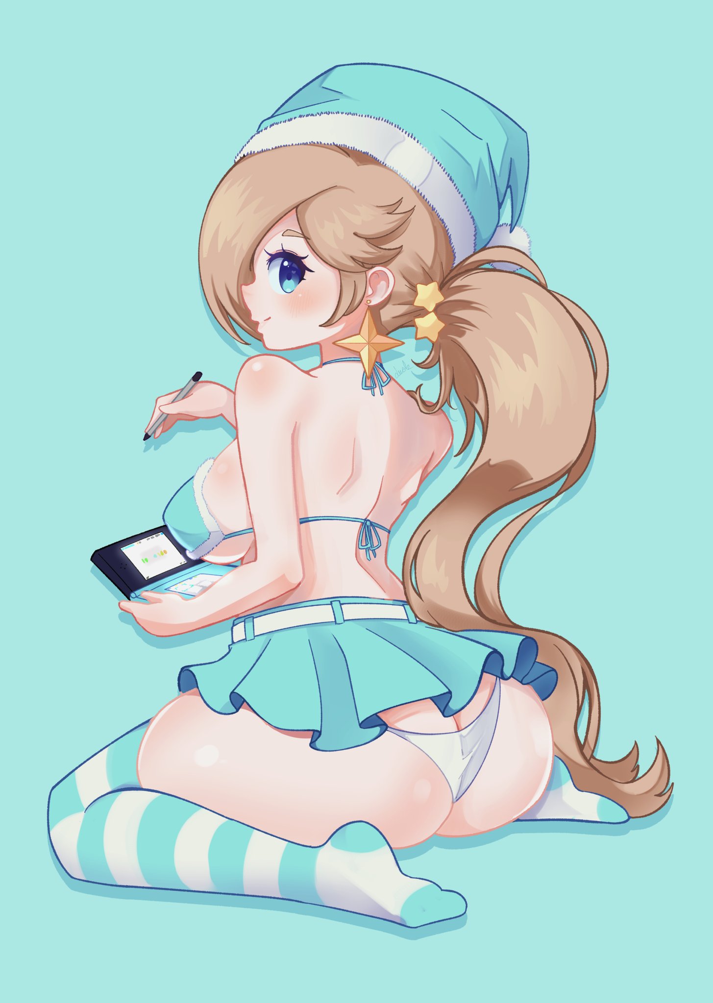 ass, back view, big ass, big breasts, big butt, big thighs, big titties, breasts, clothing, curvaceous, curvaceous female, curvaceous figure, curvy, curvy figure, curvy hips, ducktracio, female, female focus, female only, long hair, looking at viewer, nintendo, ponytail, princess rosalina, super mario bros., super mario galaxy, underwear, yellow hair