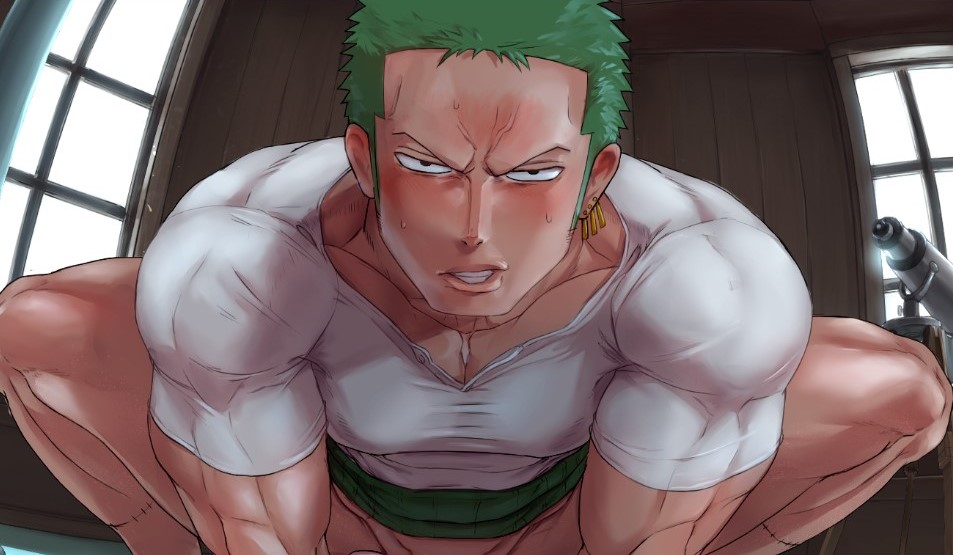 1boy bara blush bottomless earrings frown fumio(ふみを) fumio_(snnmfmw) fumiyo green_hair homosexual jewelry lips long_sideburns looking_at_viewer male male_focus male_only muscular muscular_male naked_shirt one_piece out-of-frame_censoring pale-skinned_male pale_skin pectorals pov reward_available roronoa_zoro shirt short_hair shounen_jump sideburns single_earring solo solo_male squatting sweat tight tight_shirt ugoira wet wet_clothes wet_shirt work_in_progress yaoi