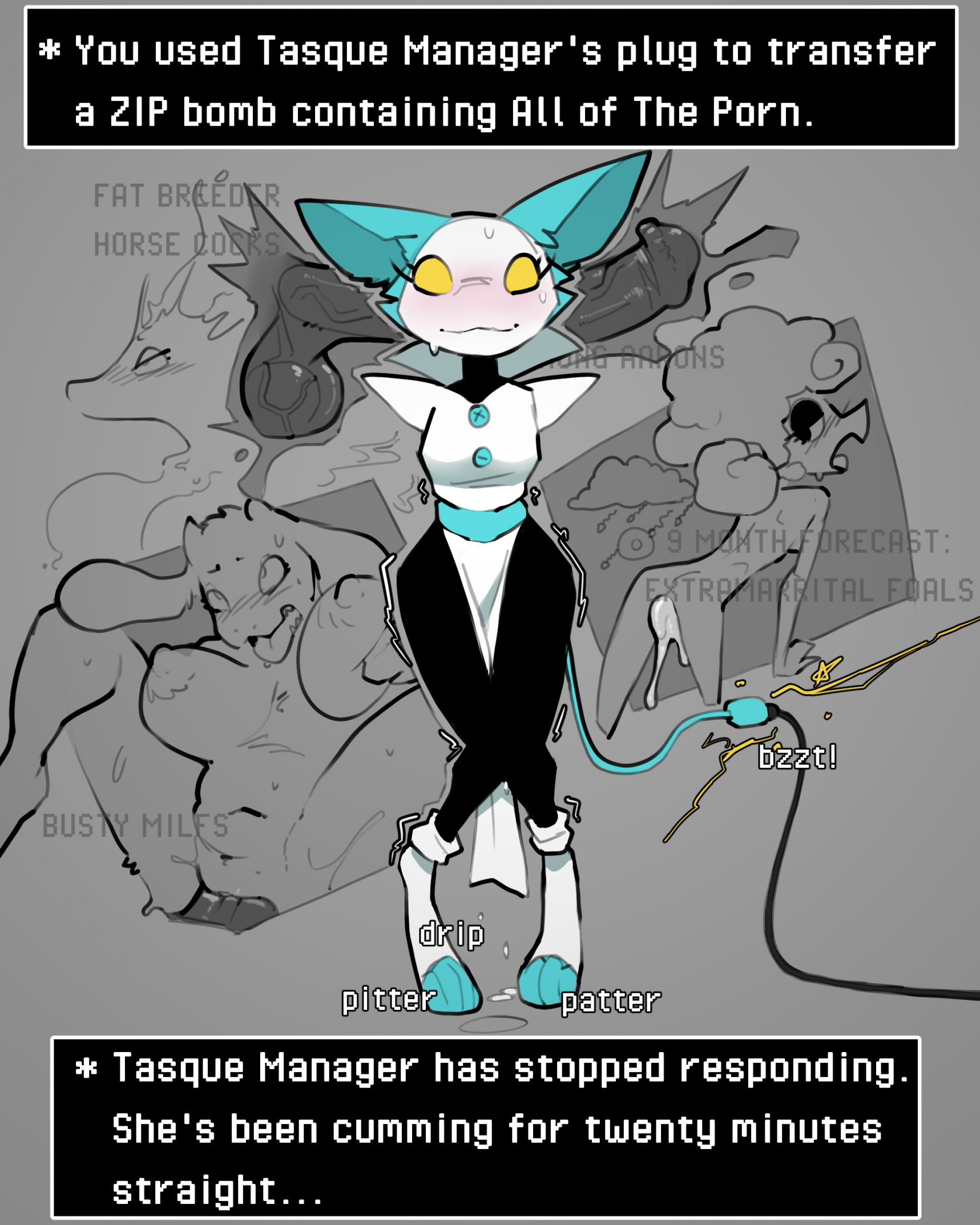animal genitalia, animal penis, anthro, areola, biped, blush, bodily fluids, bomb, bovid, breasts, caprine, deltarune, deltarune chapter 2, deltarune chapter 3, deltarune chapter 4, domestic cat, elnina (deltarune), endless orgasm, english text, equine genitalia, equine penis, erection, felid, feline, felis, female, female orgasm, flared penis, floppy ears, front view, fur, furry, genitals, goat, group, hi res, horn, intense orgasm, male, male/female, mammal, mind break, mind control, miss mizzle (deltarune), mizzle (deltarune), nipples, orgasm, orgasm without stimulation, overstimulation, penetration, penile, penile penetration, penis, pussy, robot, sex, sheep, sound effects, sweat, tasque manager (deltarune), text, tohaakart, toriel, trembling, uncontrolled orgasm, undertale, undertale (series), vaginal penetration, vulva, zip, zip bomb